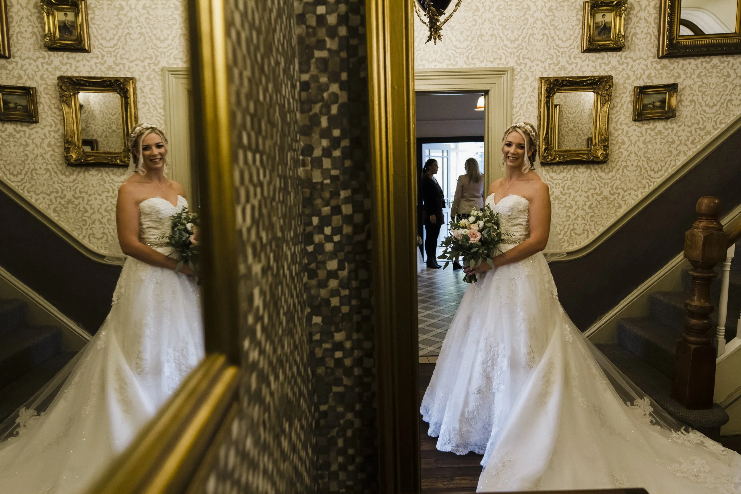 brides reflation in the big mirror at Brook Hall 