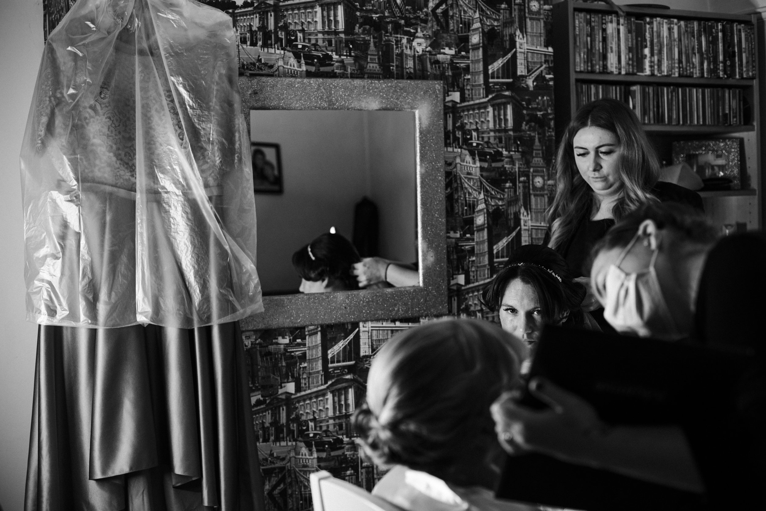 Winter Bridal Prep: Candid Moments as the Bride and Her Bridesmaids Get Hair and Makeup Done on a Beautiful Wirral Winter Morning