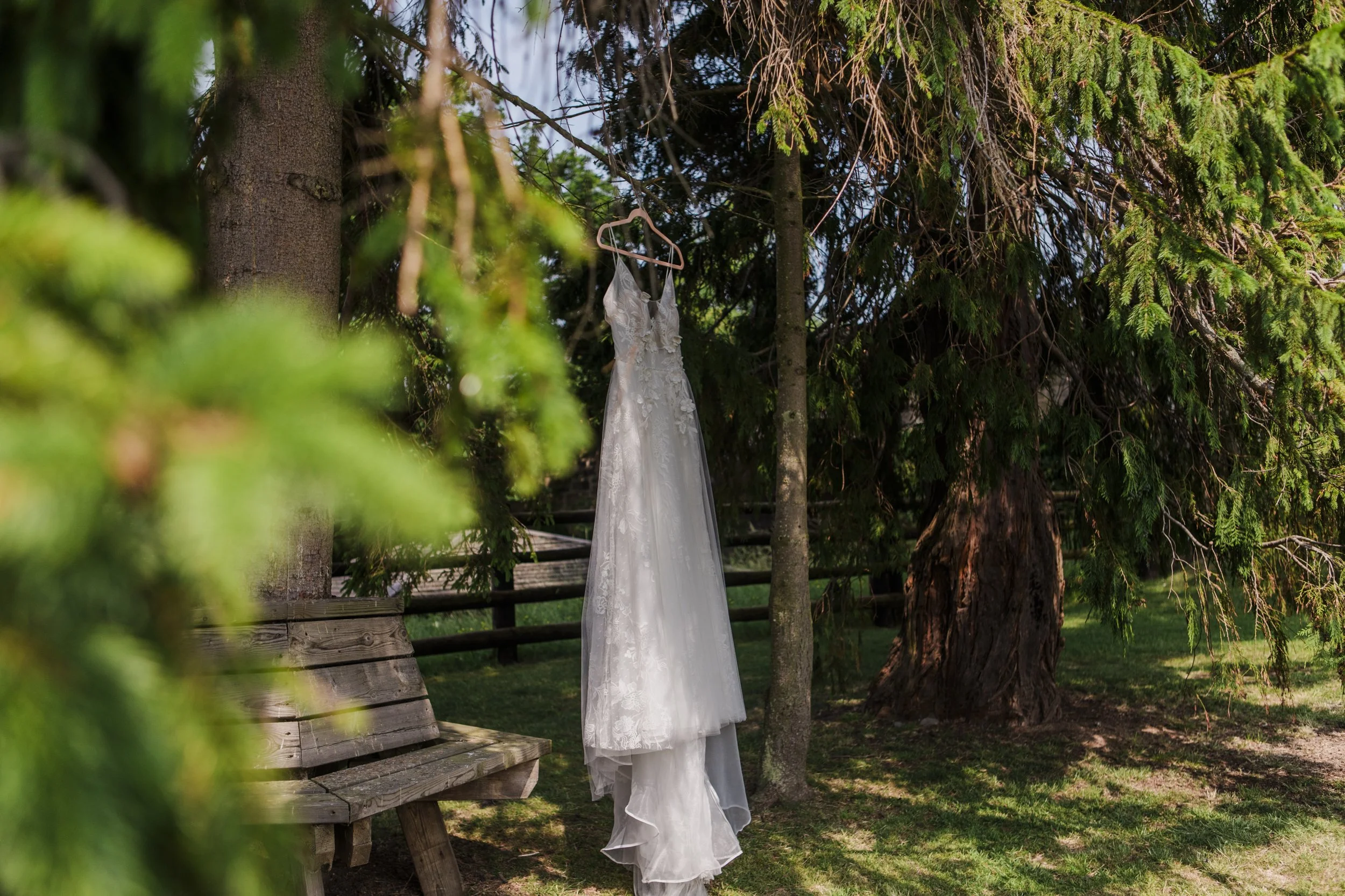 Wedding Dress Hanging from Tree - Earthy Elegance at Tower Hill Barns
