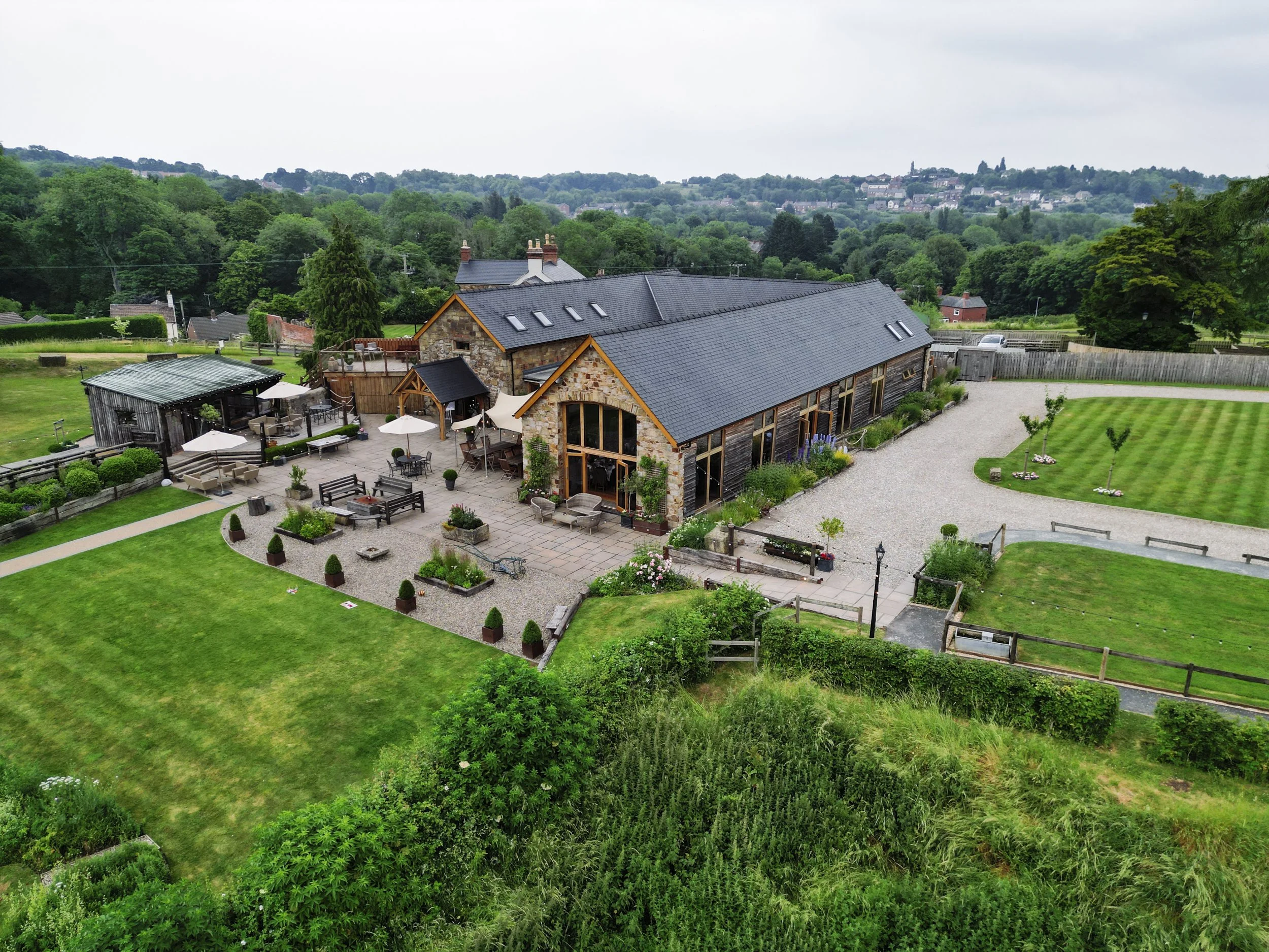 Morning Drone Shot of Tower Hill Barns Before Wedding Ceremony