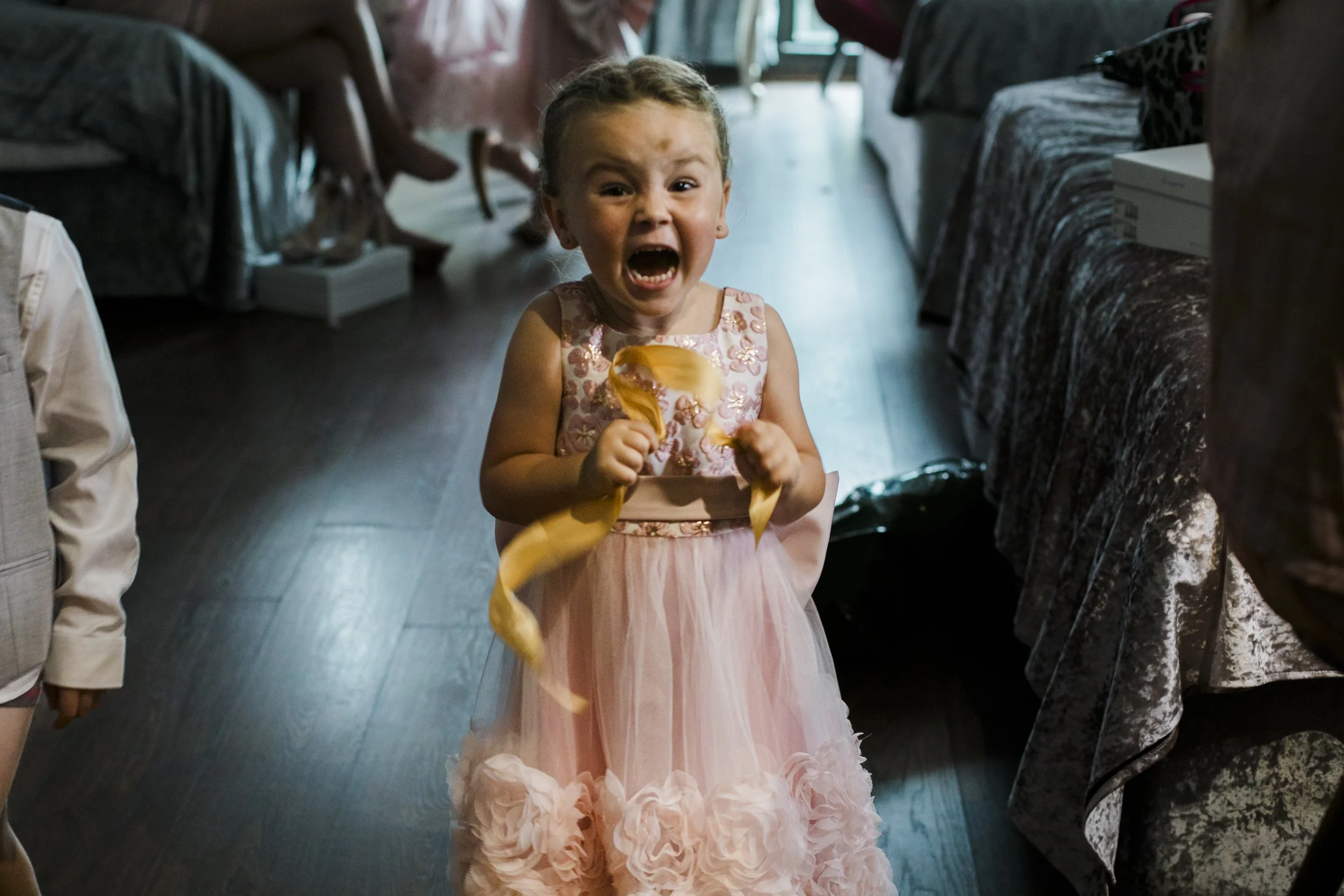 Joyful Anticipation: Bride's Young Daughter Erupts in Excitement with Joyful Screams Shankly Hotel wedding Merseyside