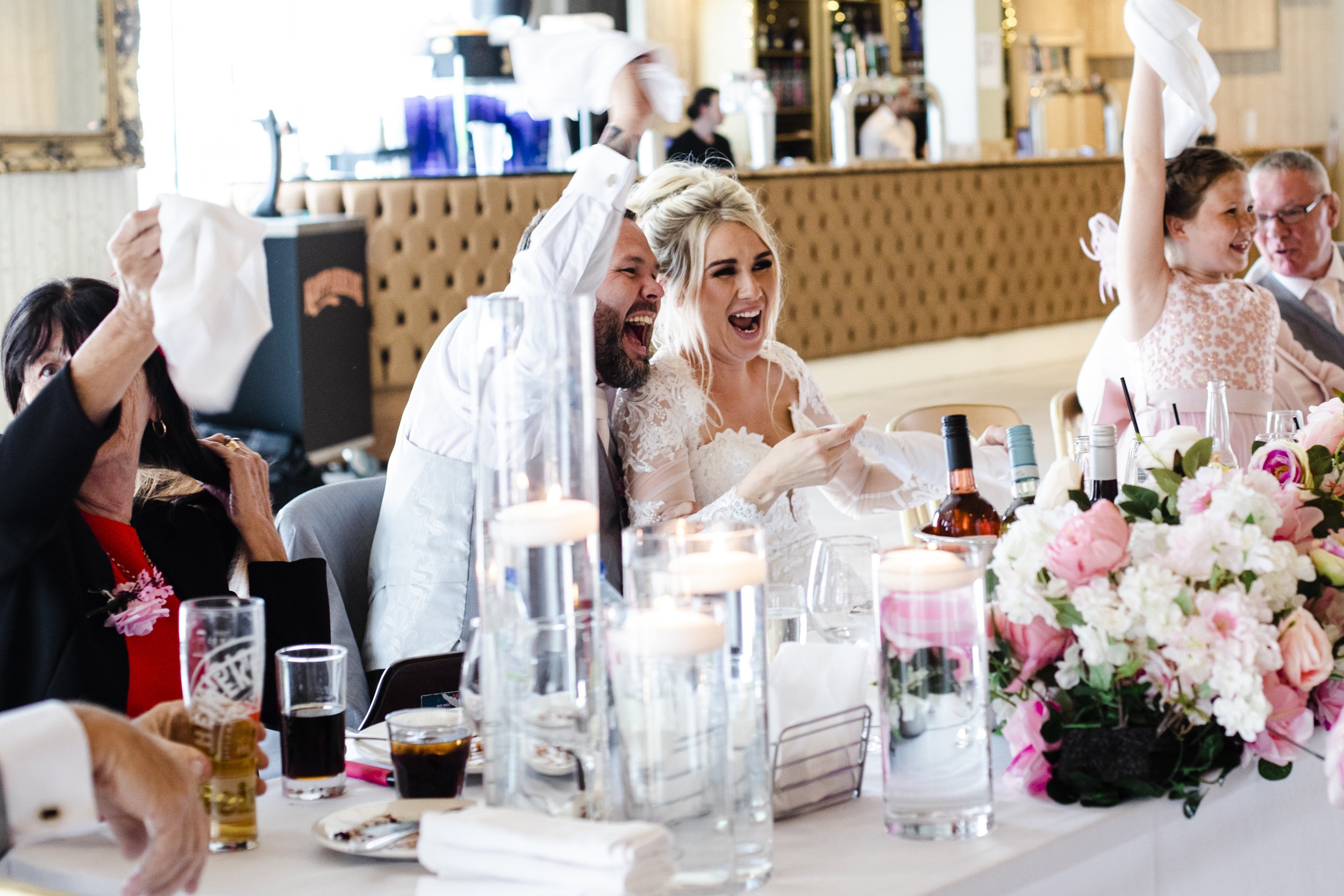 Surprise Singing Waiter Ignites Excitement as Bride and Groom Join In with Guests in Joyful Celebration Shankly Hotel wedding Merseyside