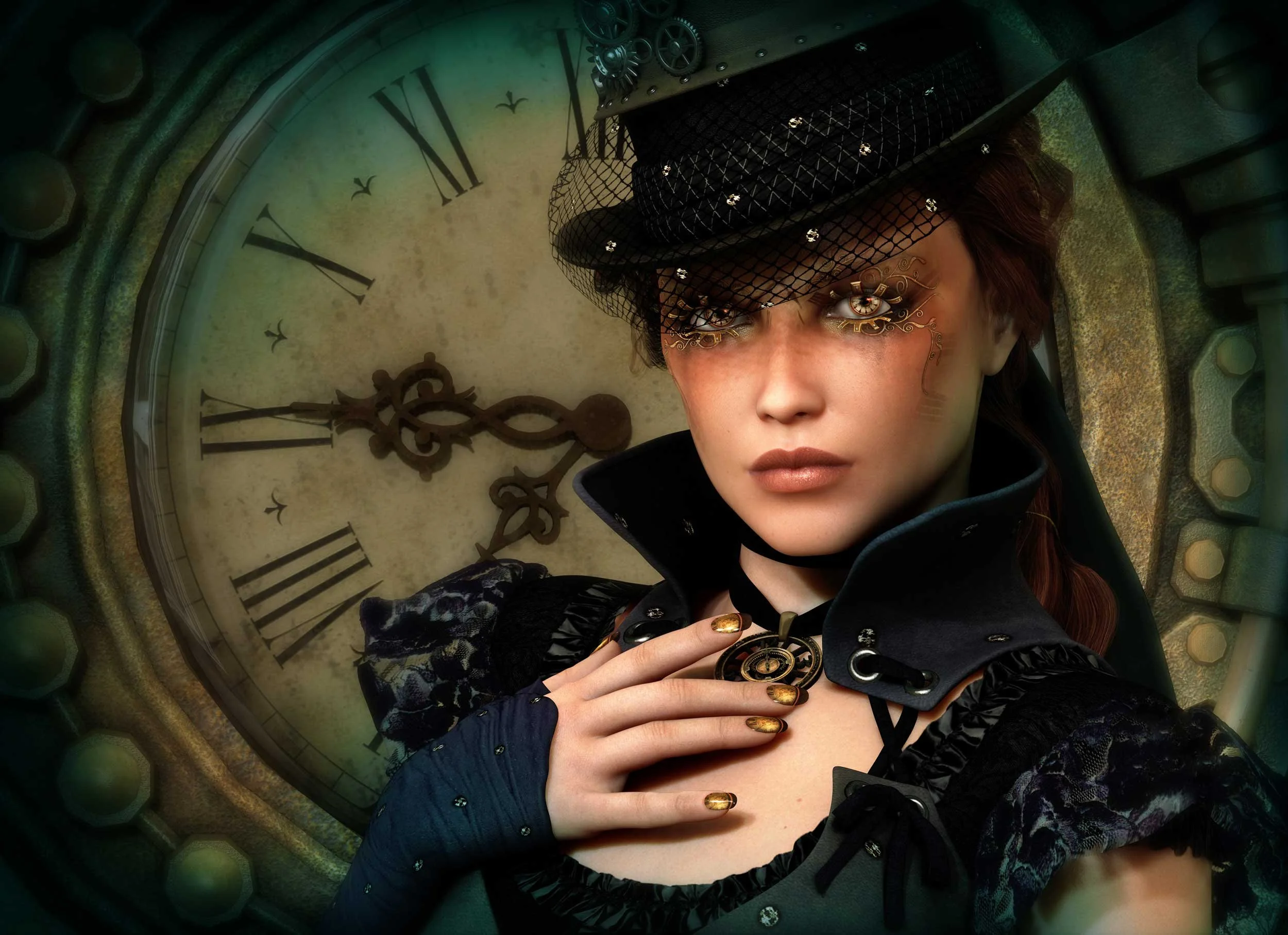 A steampunk woman poses in front of a clock.