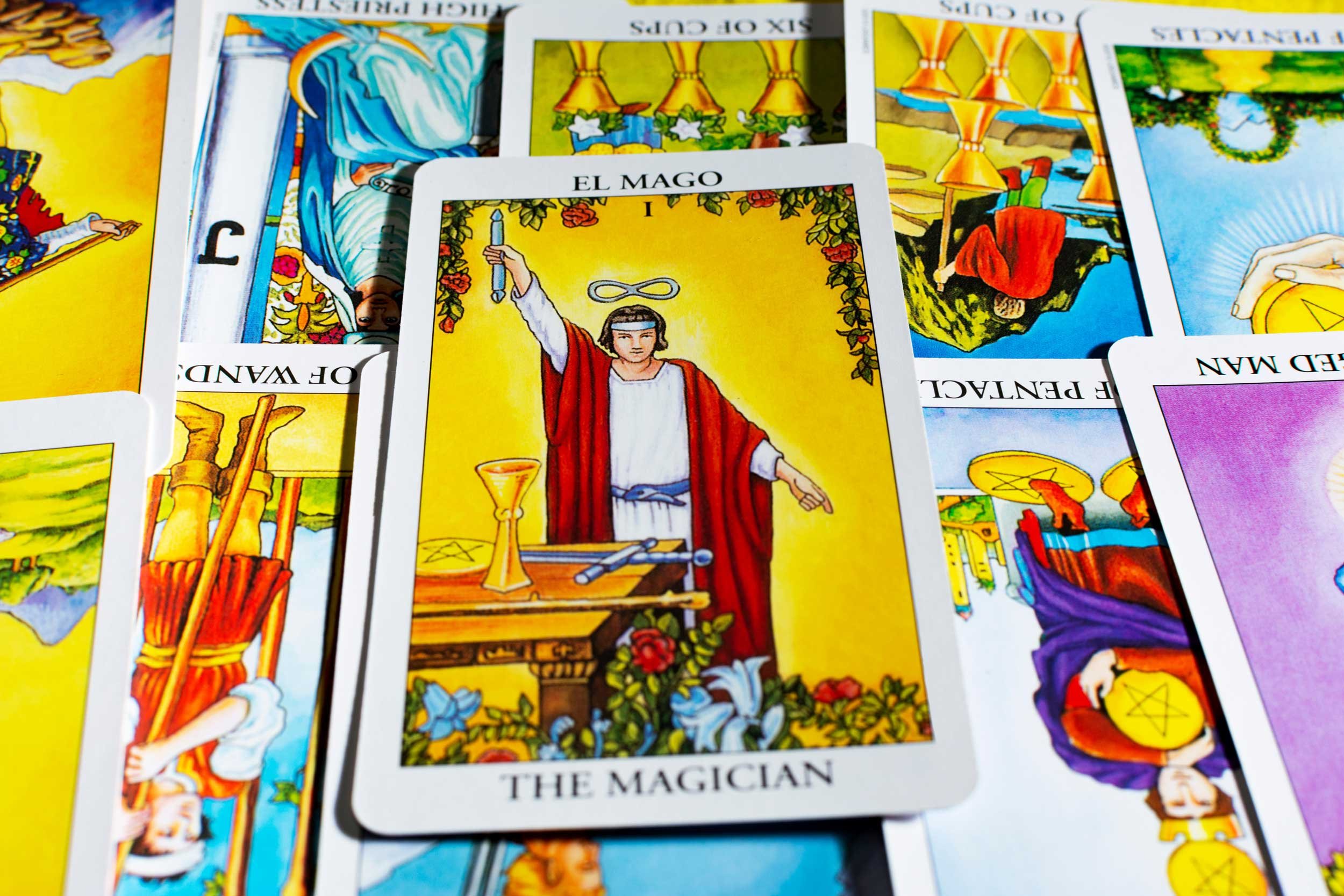 Tarot cards, with a focus on the Magician.