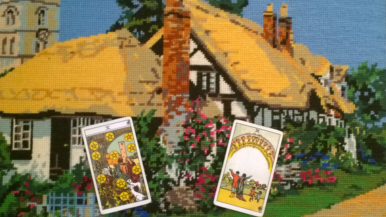 Original photo, Waite-Smith Tarot images, needlepoint by my mother, Diane Hamblin.