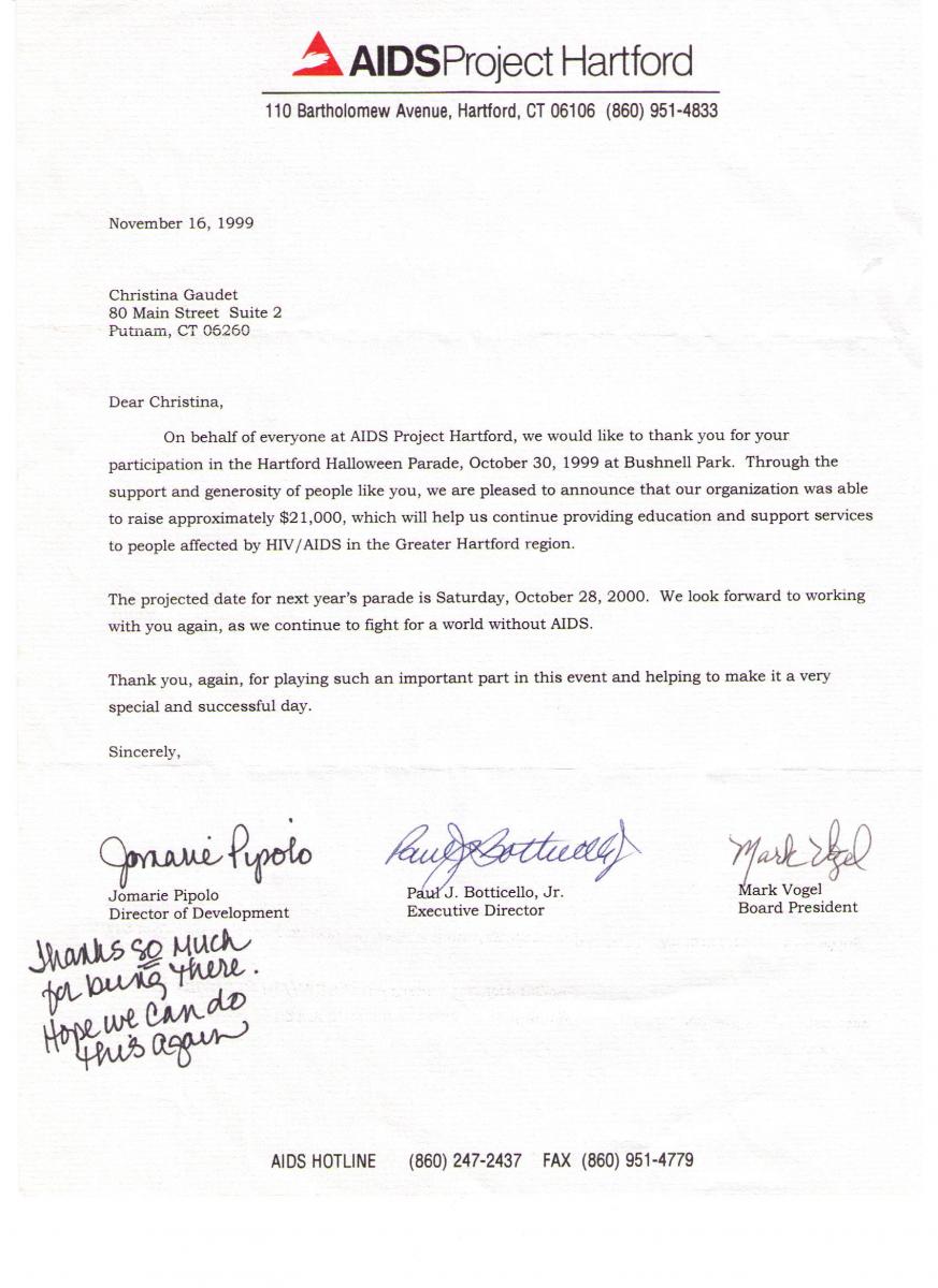 Aids Project Hartford Thank You Letter 1999