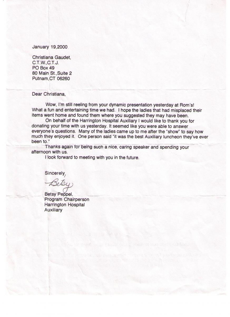 Harrington Hospital Auxillary Thanks and Testamonial 2000