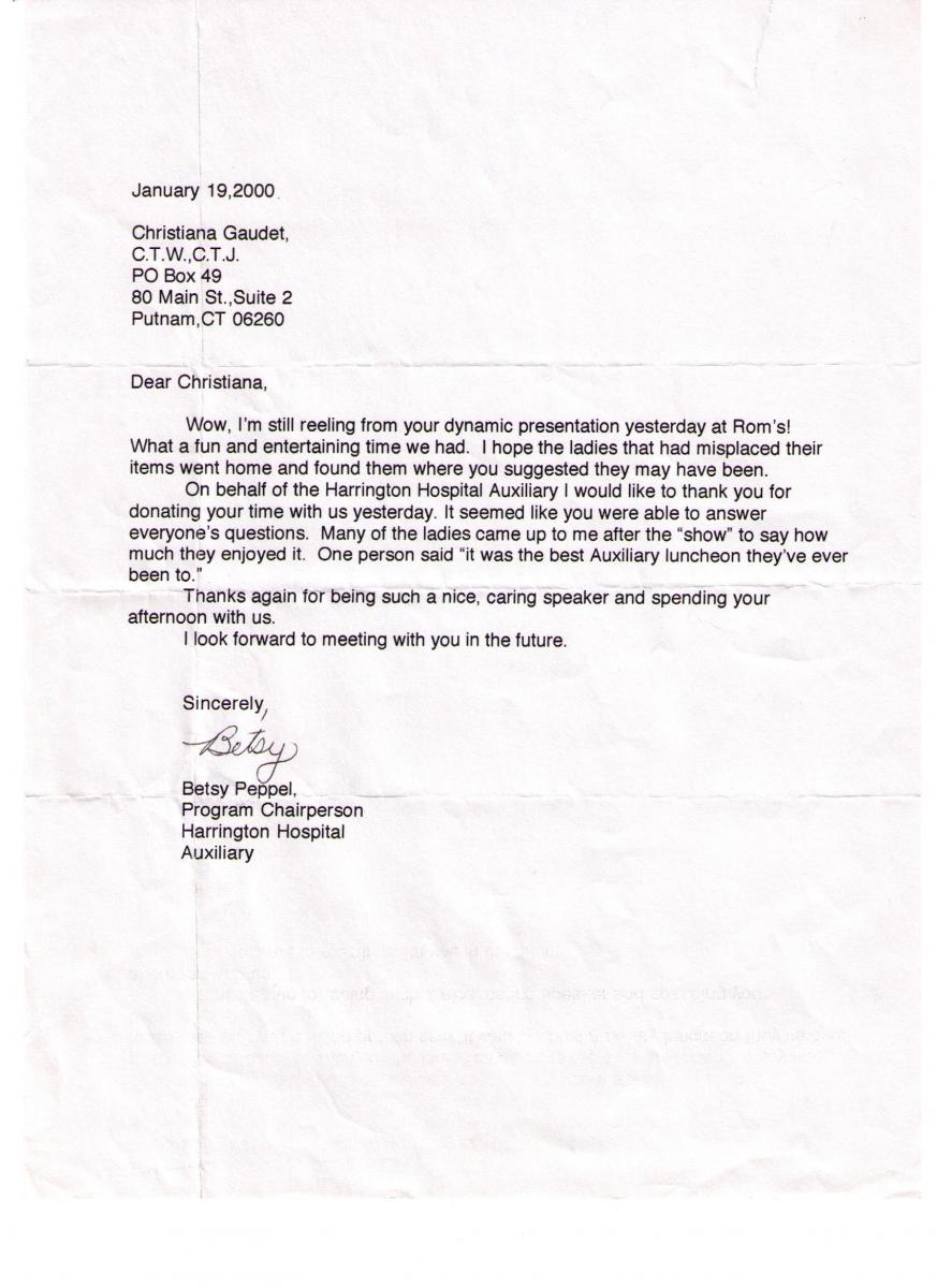 Harrington Hospital Auxiliary Thanks and Testimonial 2000