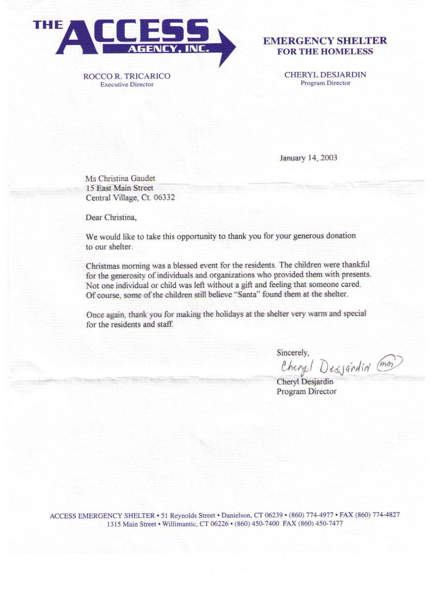 Letter of Thanks from Access Agency in Northeasten CT, Jan 2003