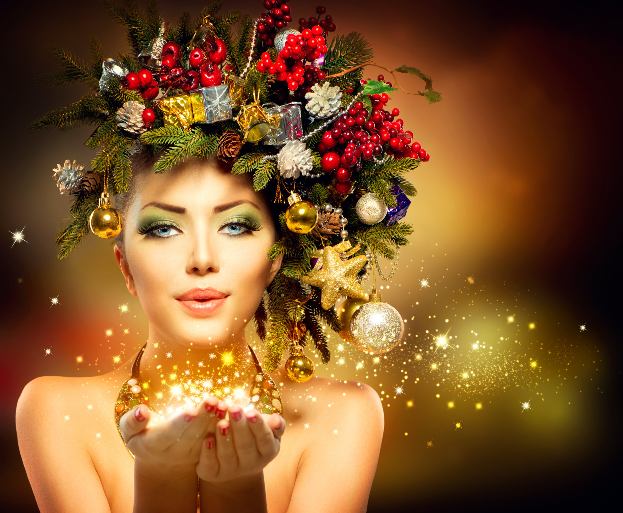 Christmas Winter Woman with Miracle in Her Hand