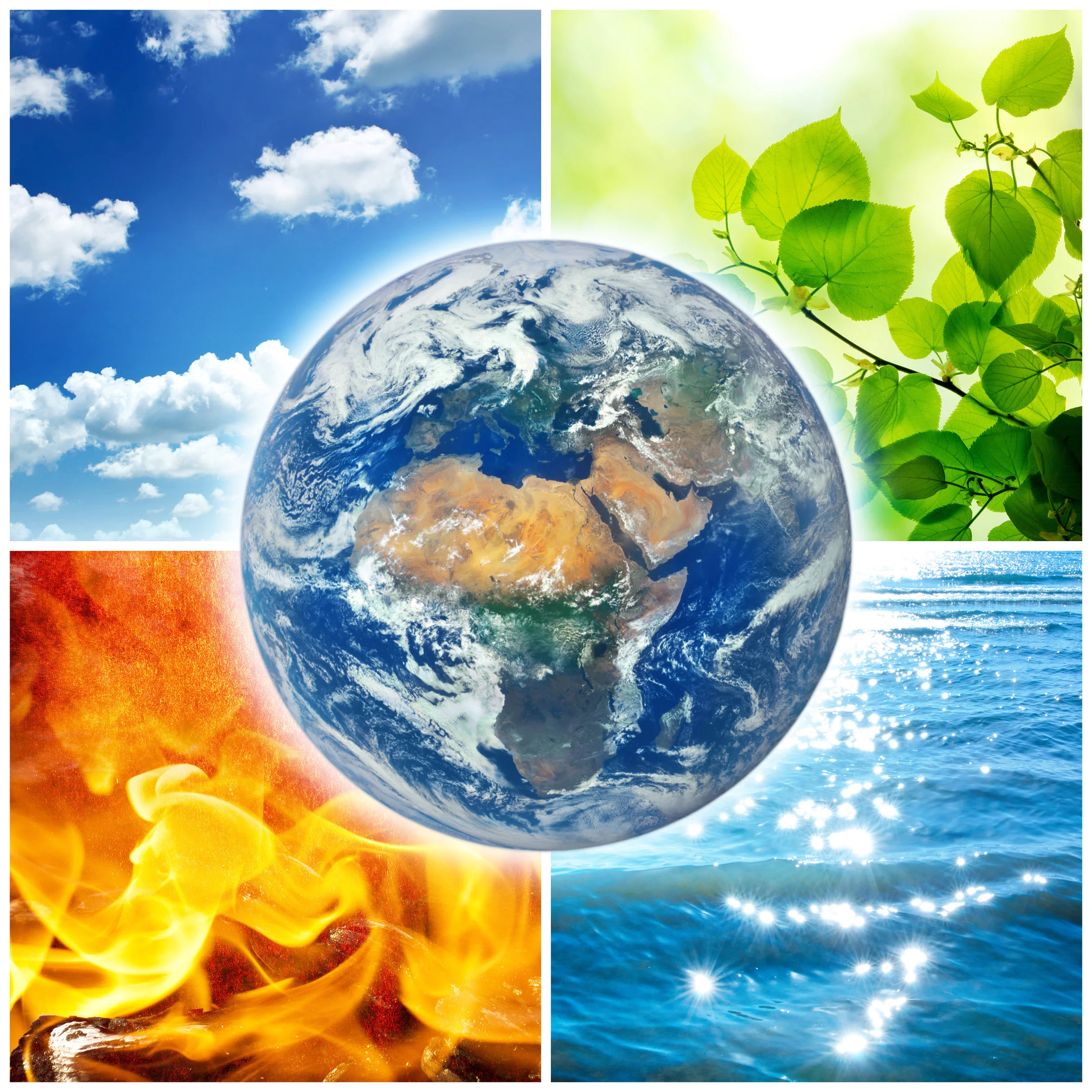 Composition of the four natural elements and Earth. Elements of this image furnished by NASA.