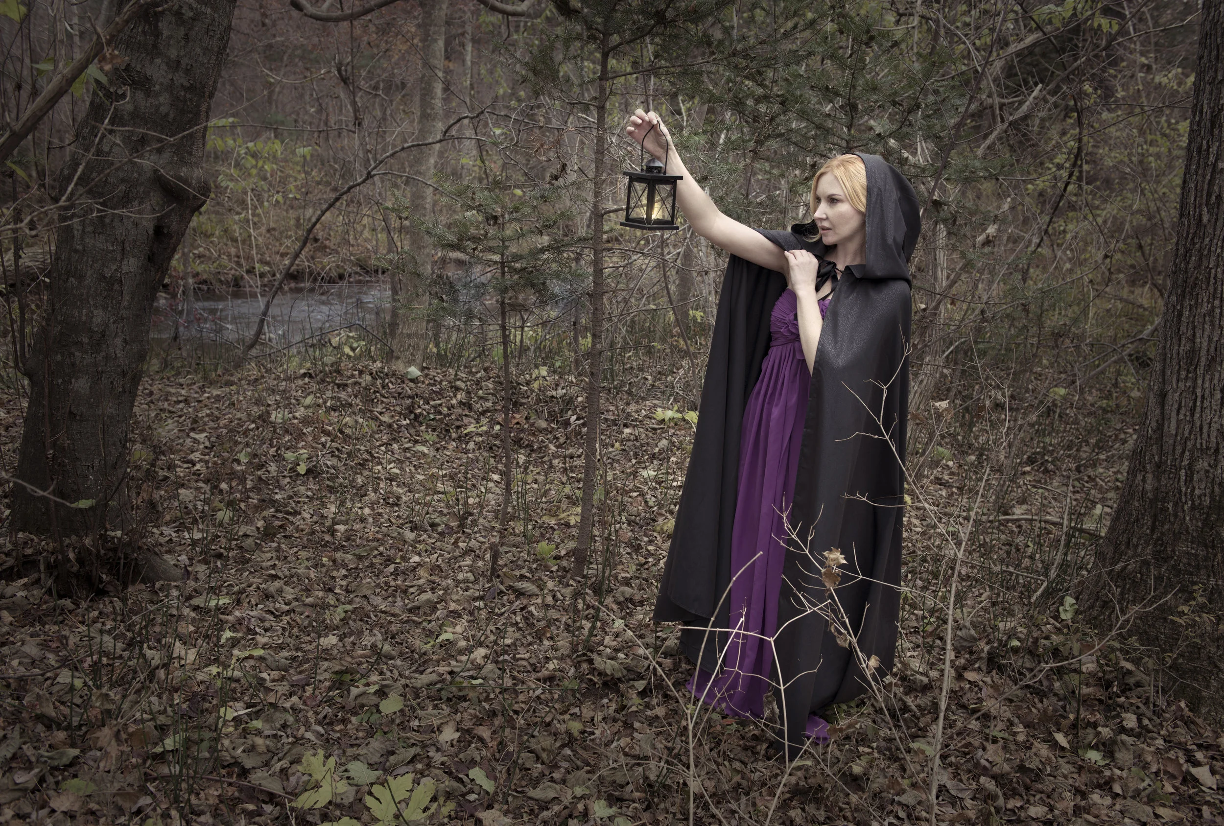 Beautiful lady holding lantern in the scary wood