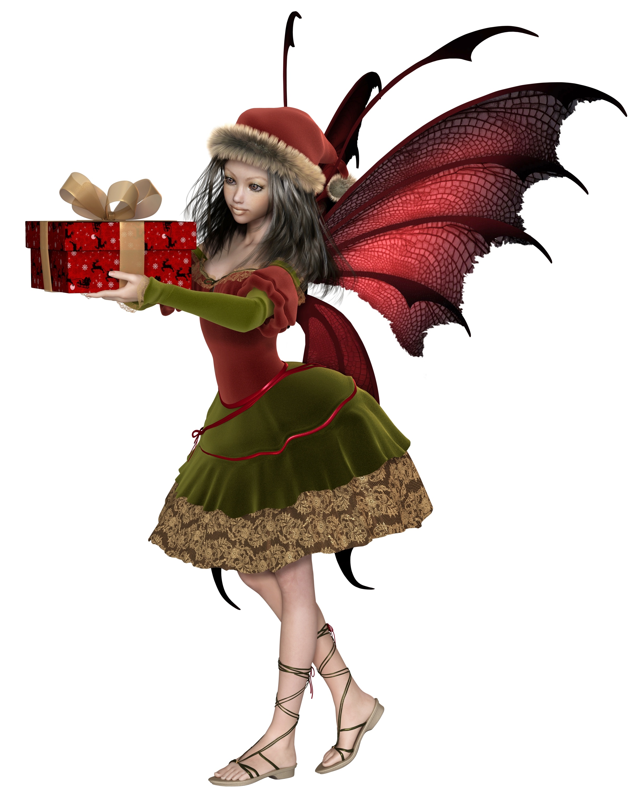 Christmas Fairy Elf Girl Holding a Gift - fantasy illustration
