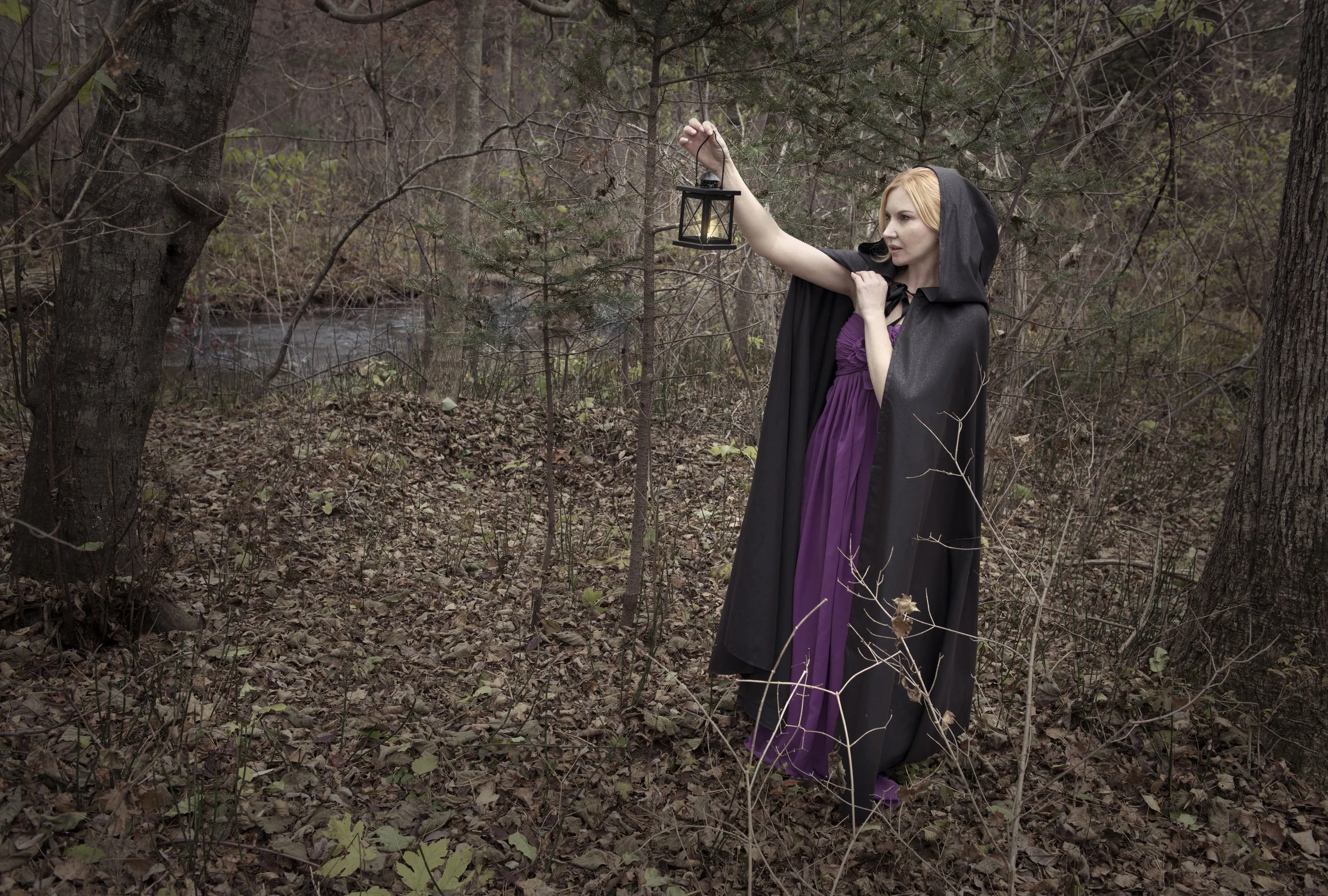 Beautiful lady holding lantern in the scary wood