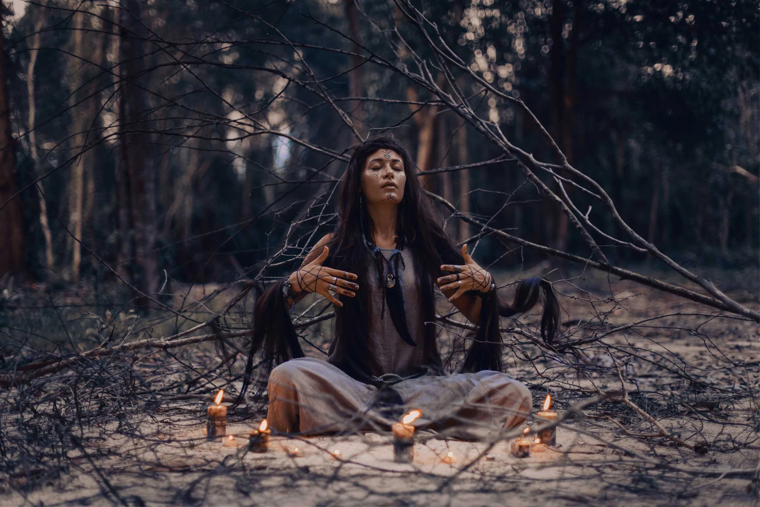 A woman in meditation and magic.