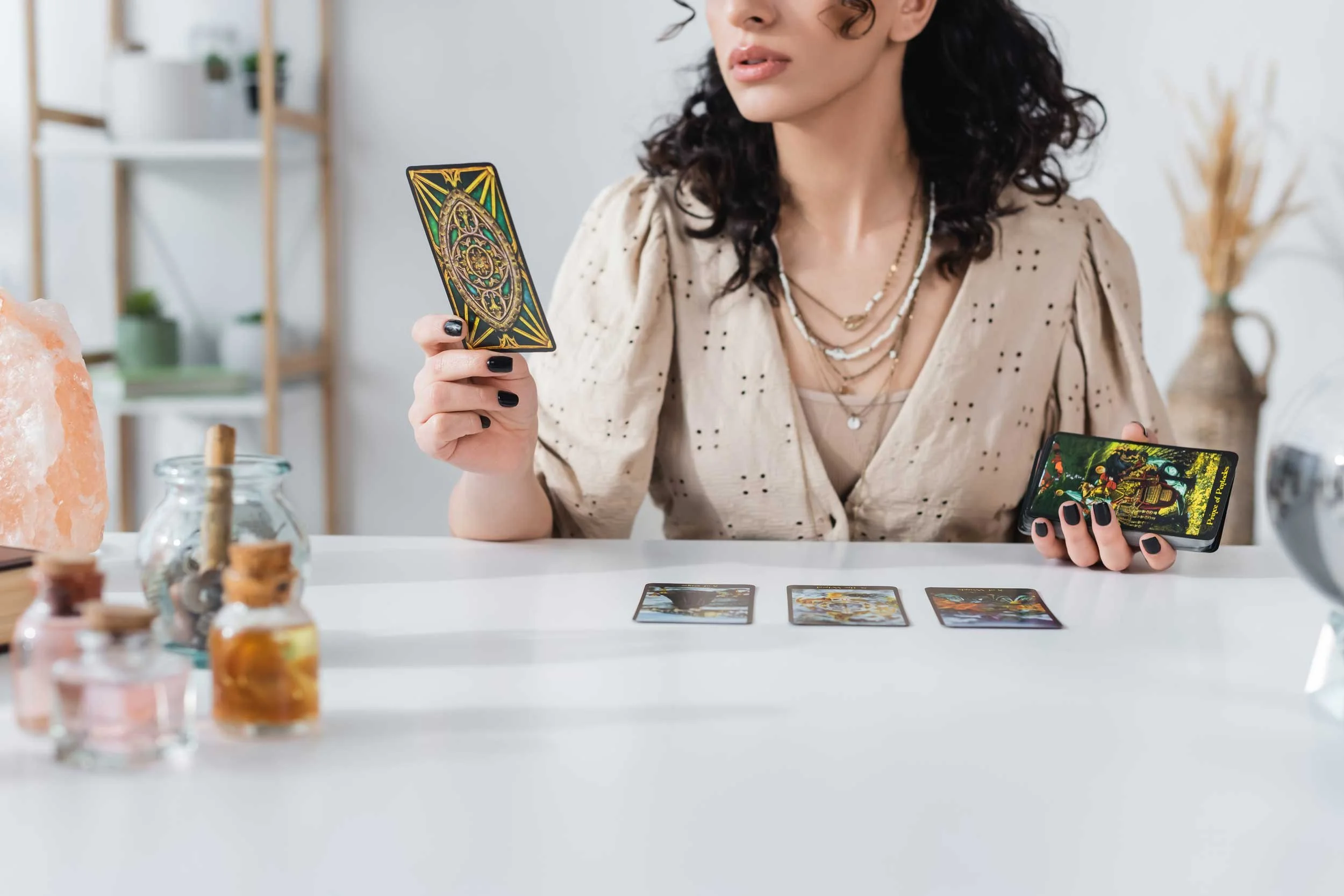 A woman reading tarot.