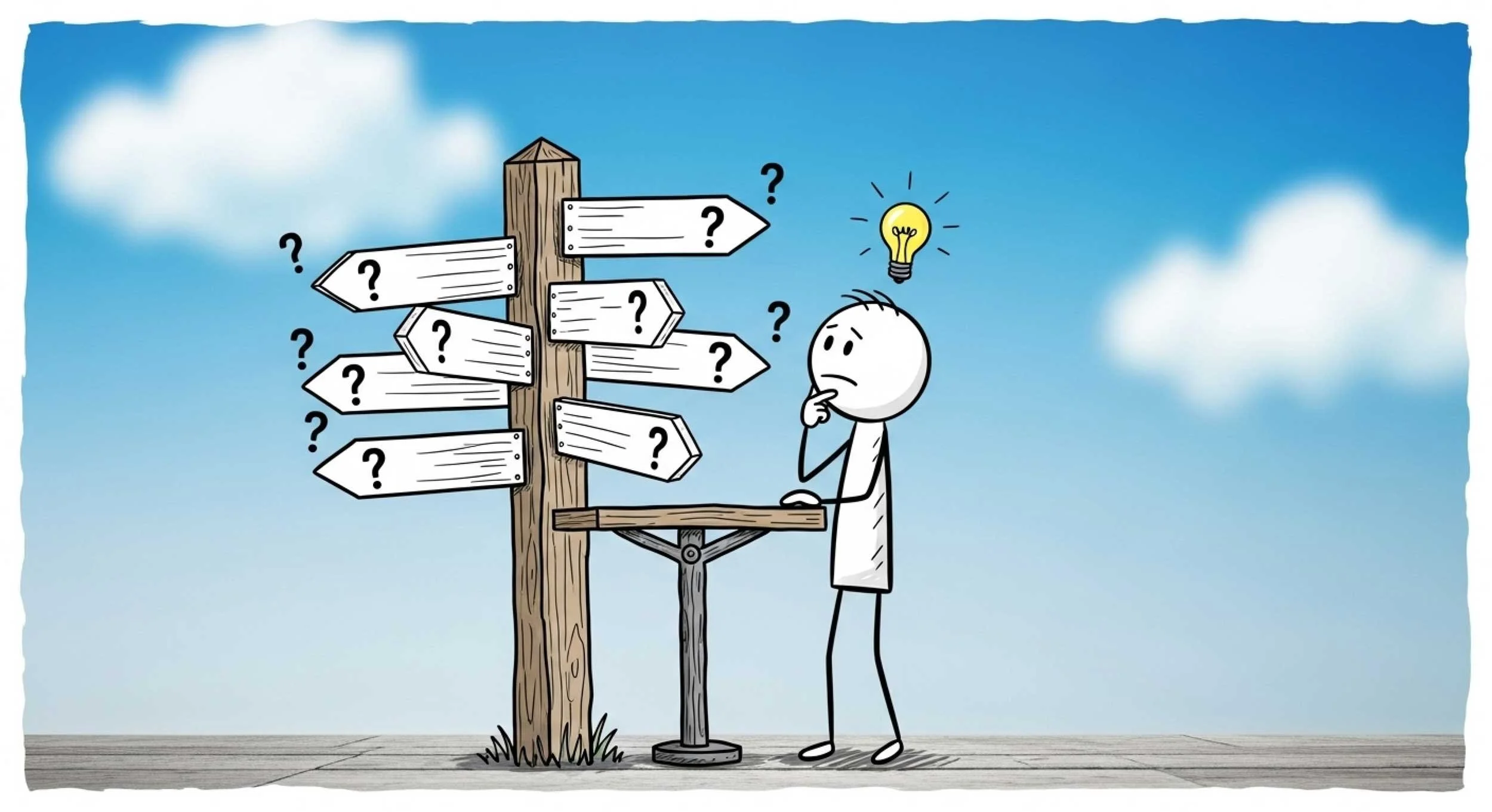 Illustration of a person confused by which sign to follow.