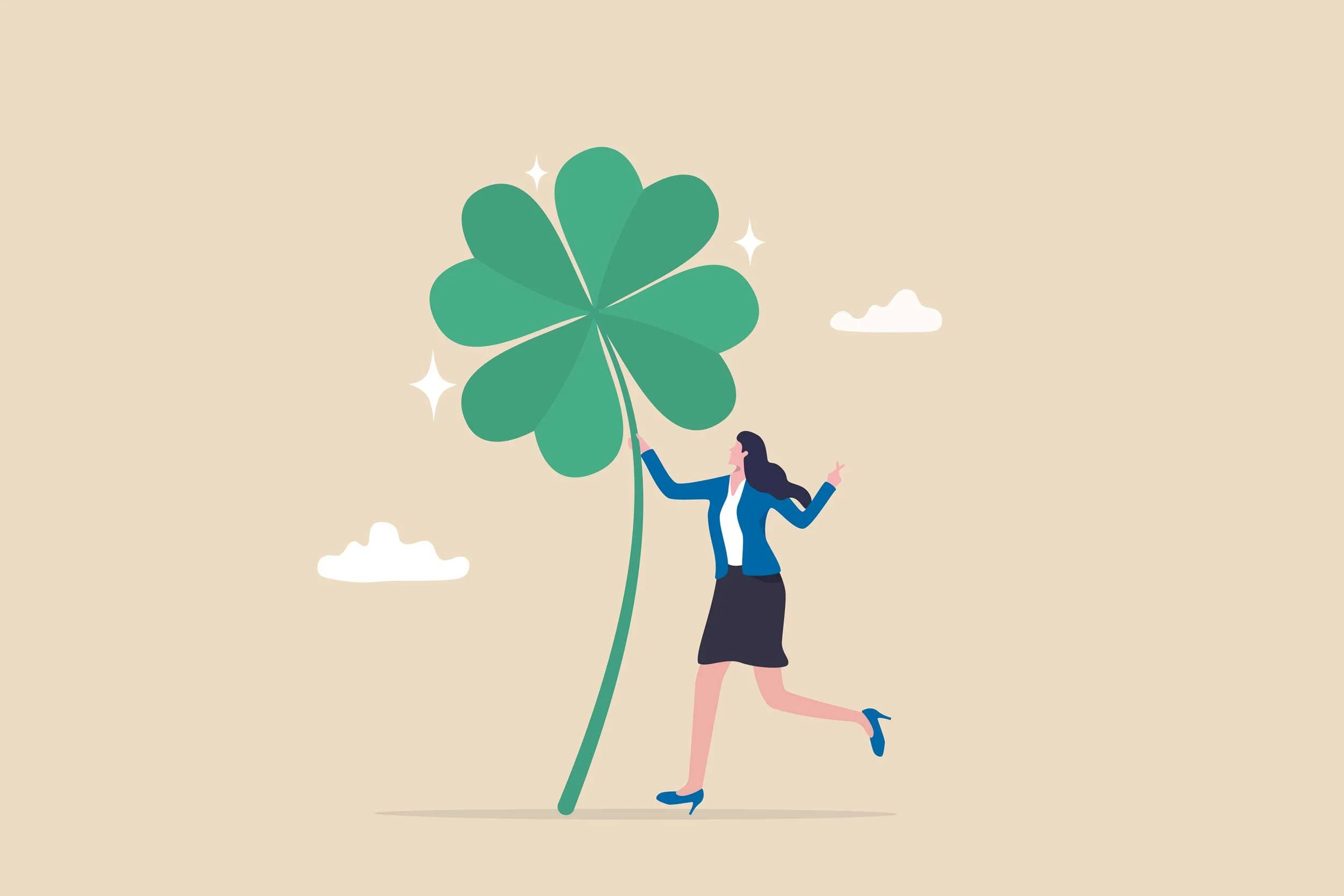 Illustration of a woman with a giant four-leaf clover.