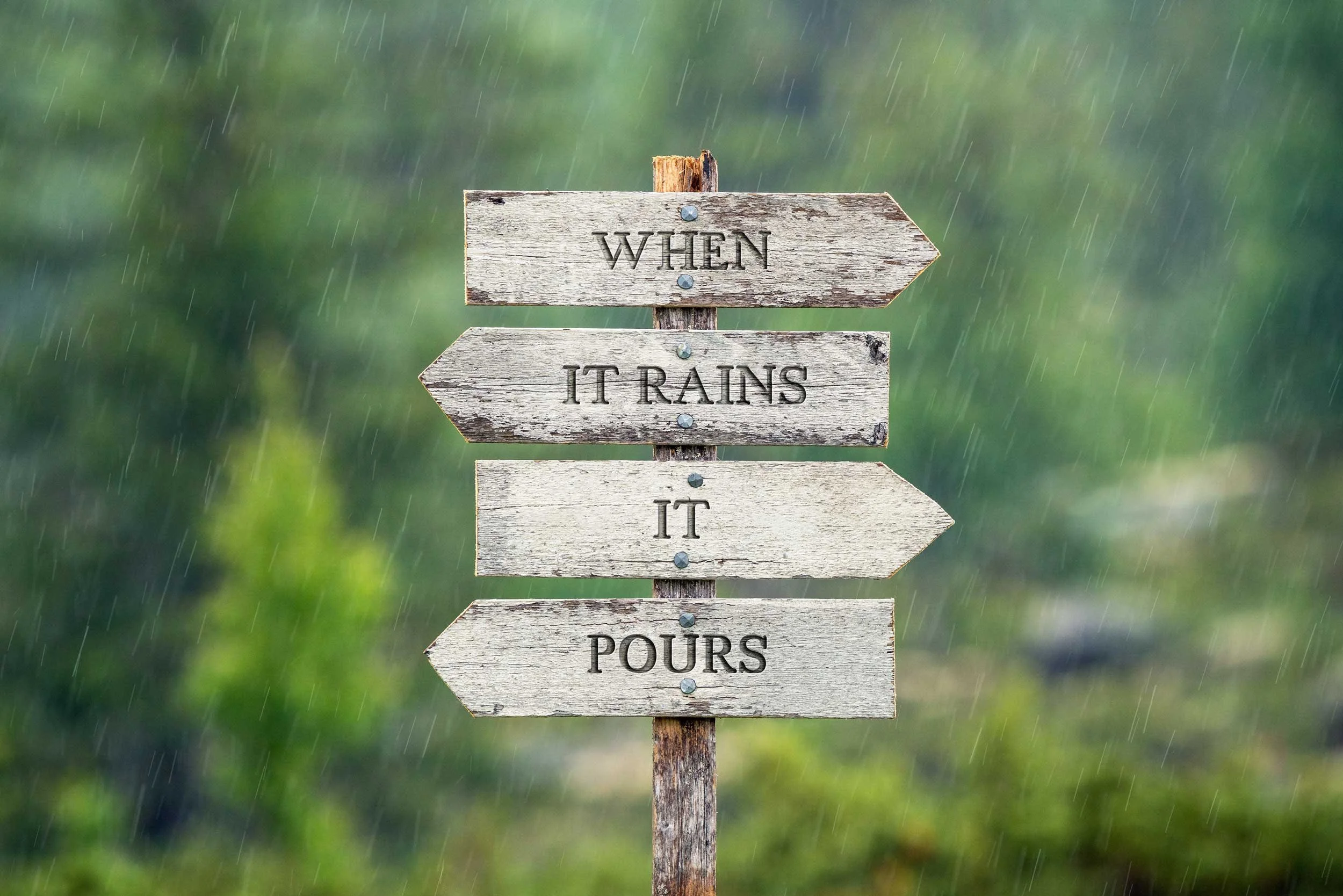 A sign in the rain that reads When it Rains, it Pours.