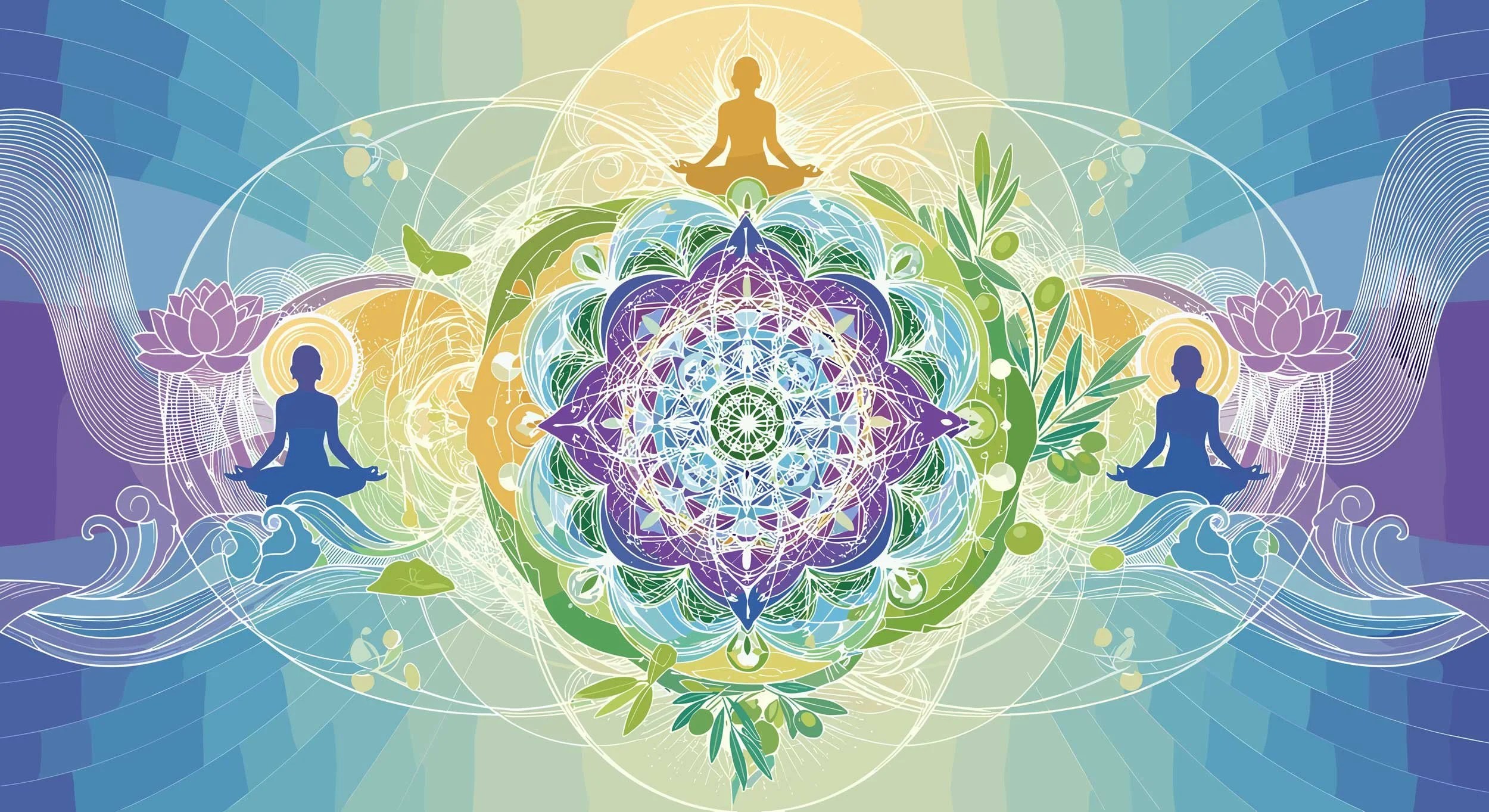 Concept illustration of a mandala with lotus flowers and people in meditation.