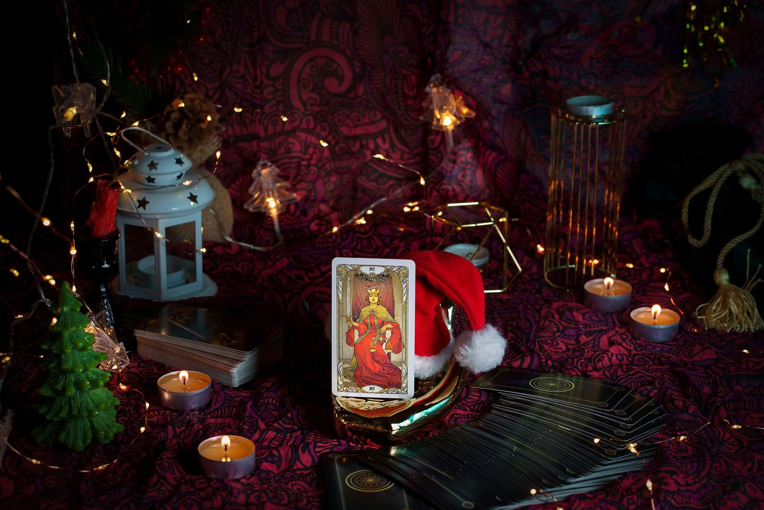 A tarot card in a holiday display.