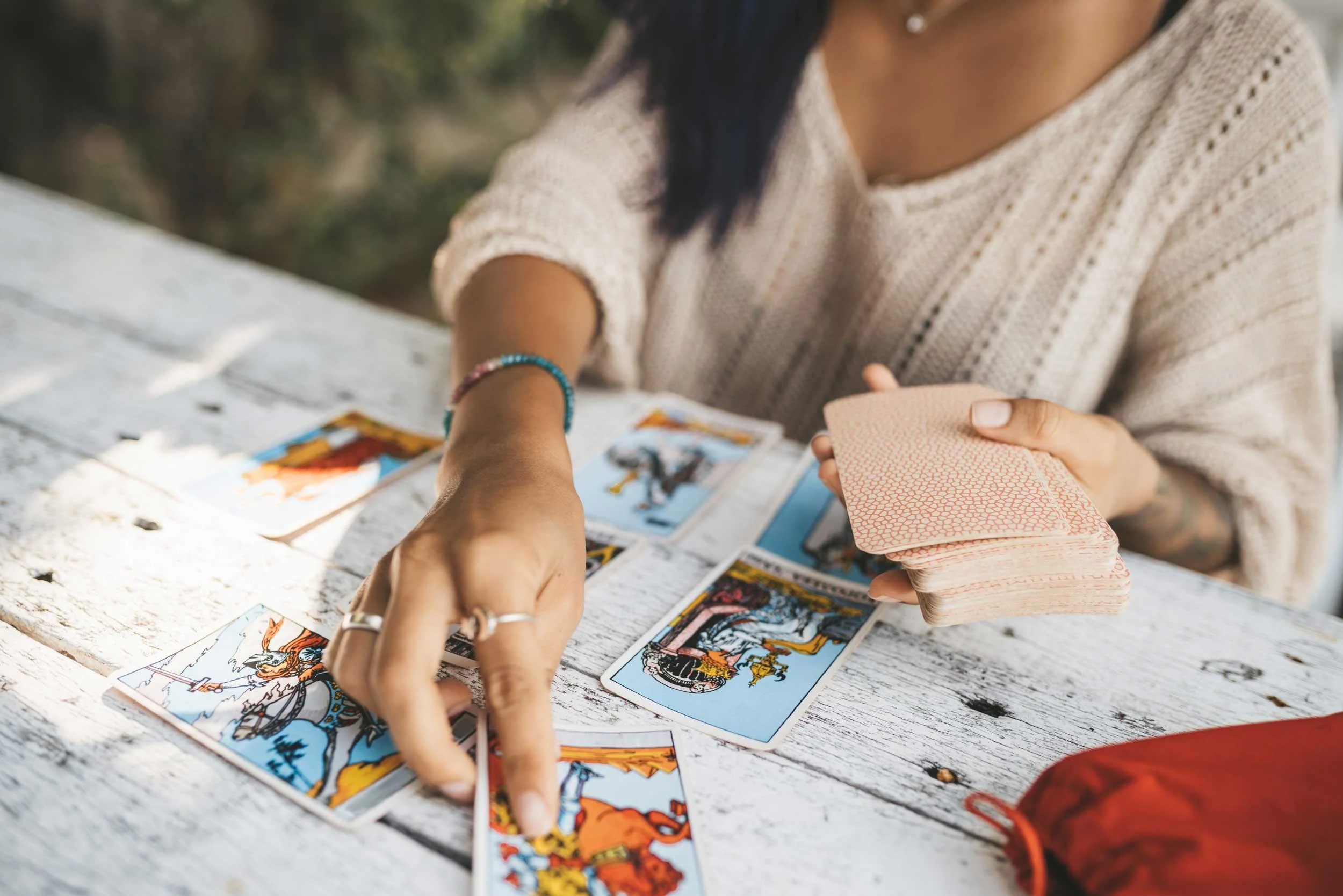 Close-up of a tarot reading.