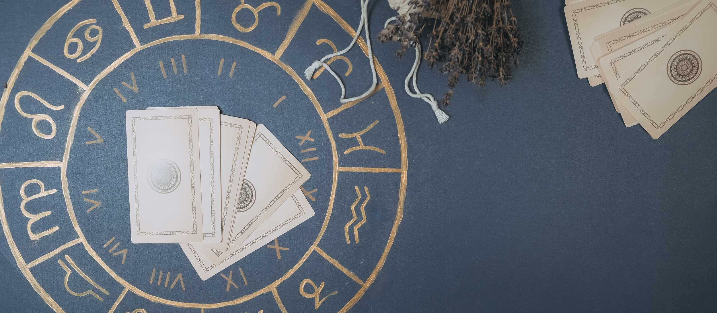 Tarot cards on top of a cloth displaying the signs of the zodiac.
