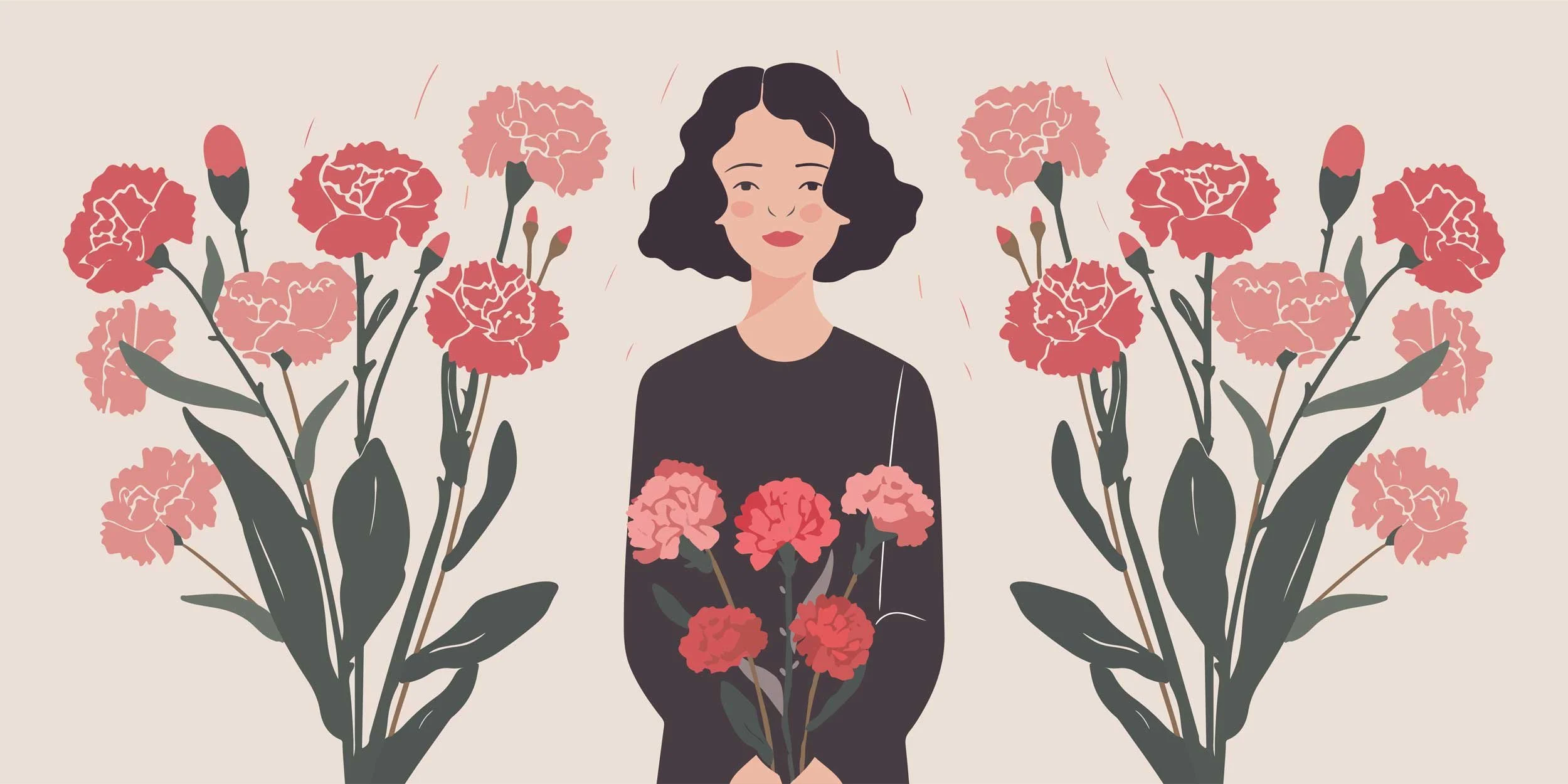 A graphic of a mother holding flowers.