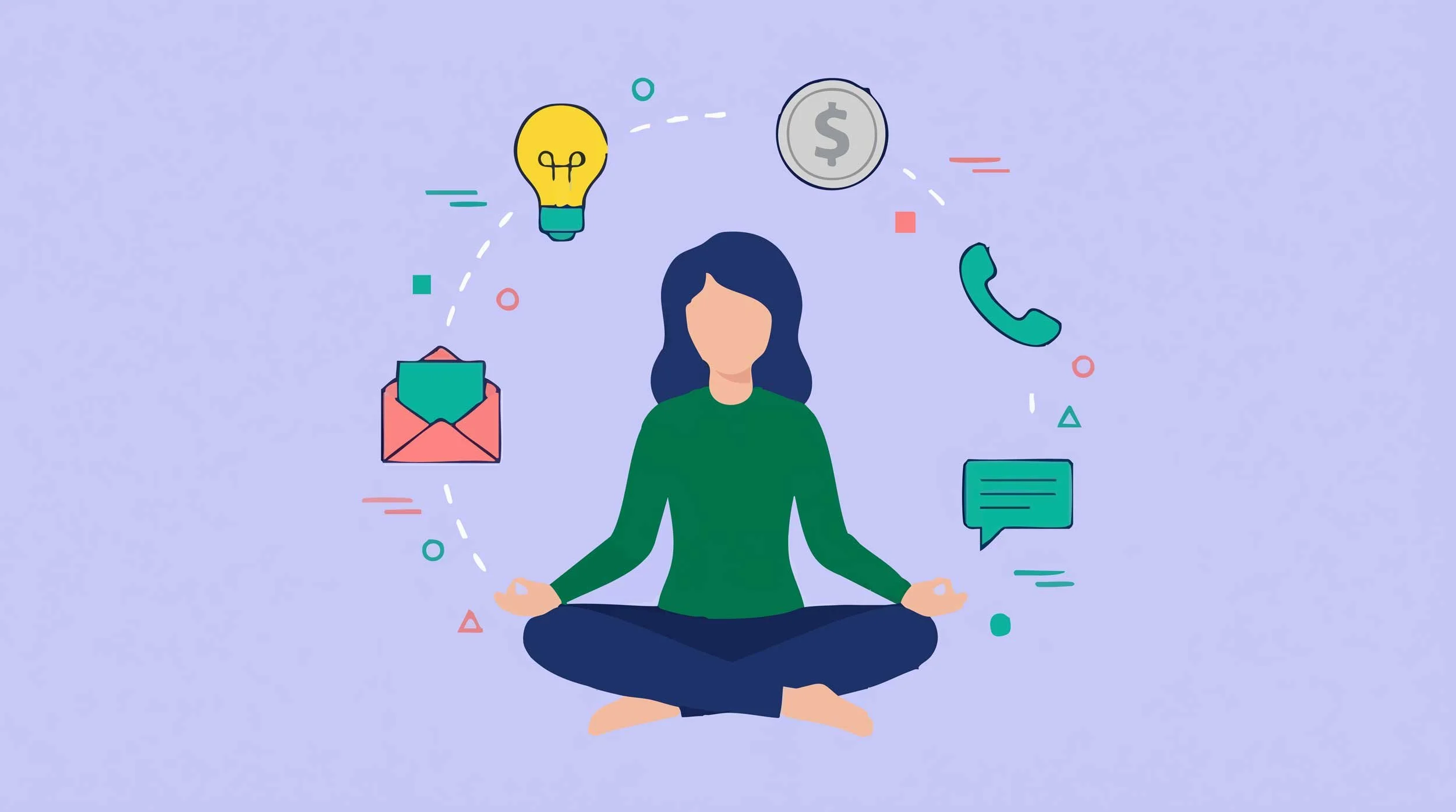 Concept illustration of a woman solving her problems with meditation.