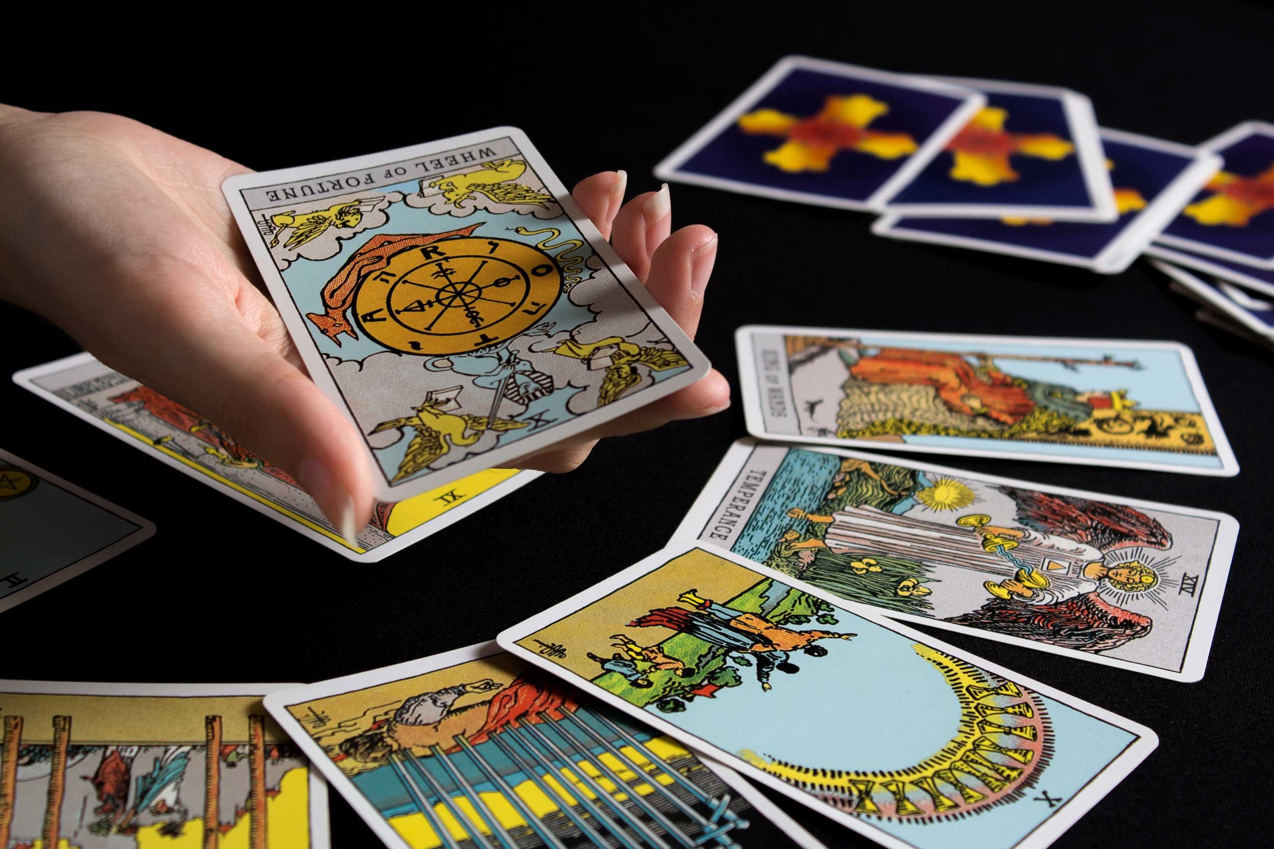Close-up of a tarot reading.