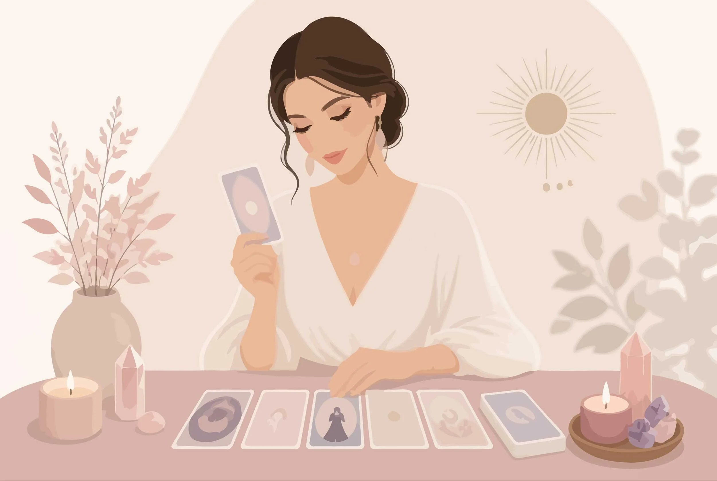 Illustration of a woman reading tarot.