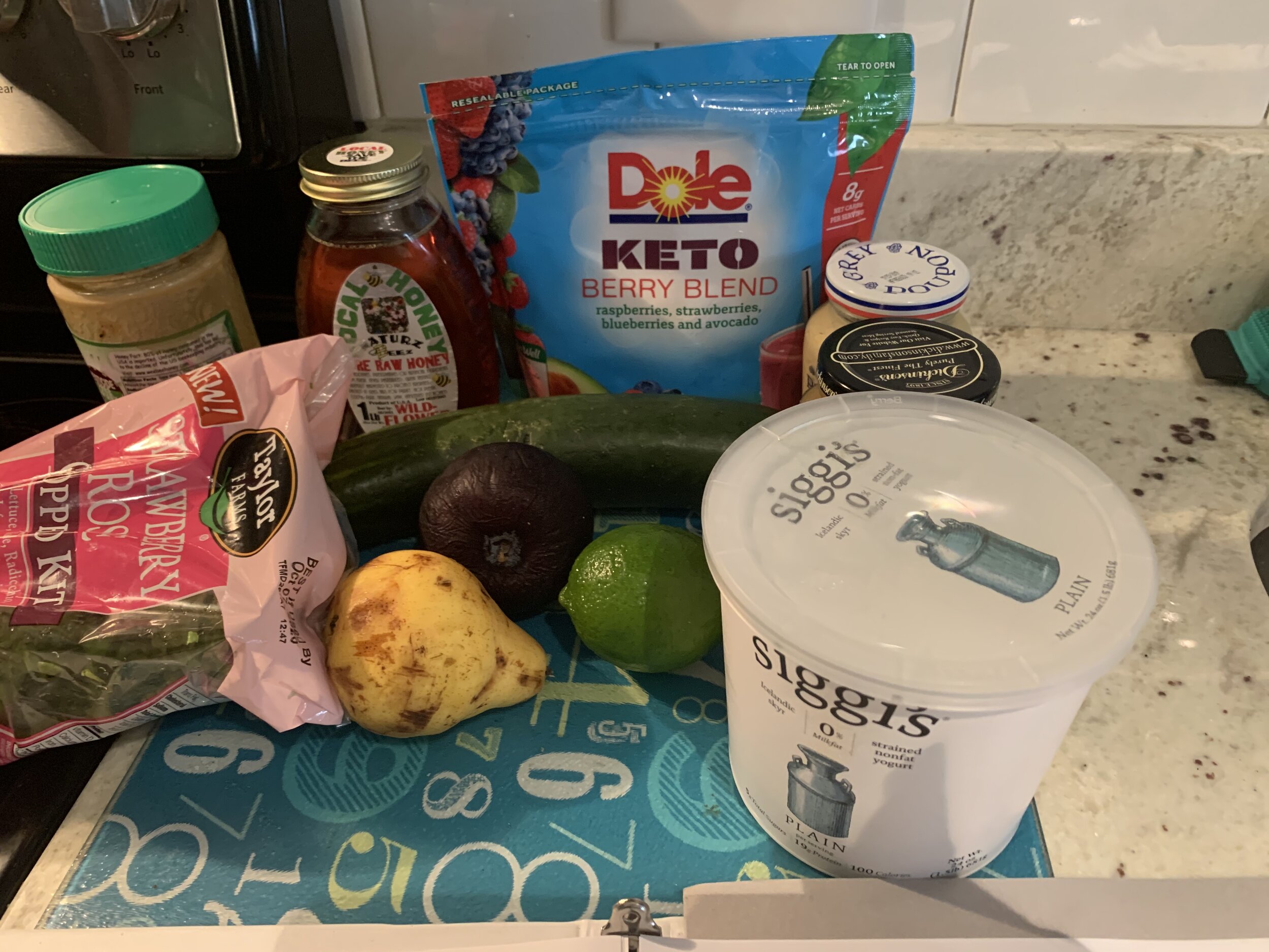 Deidre's ingredients for a smoothie and vets salad.jpg