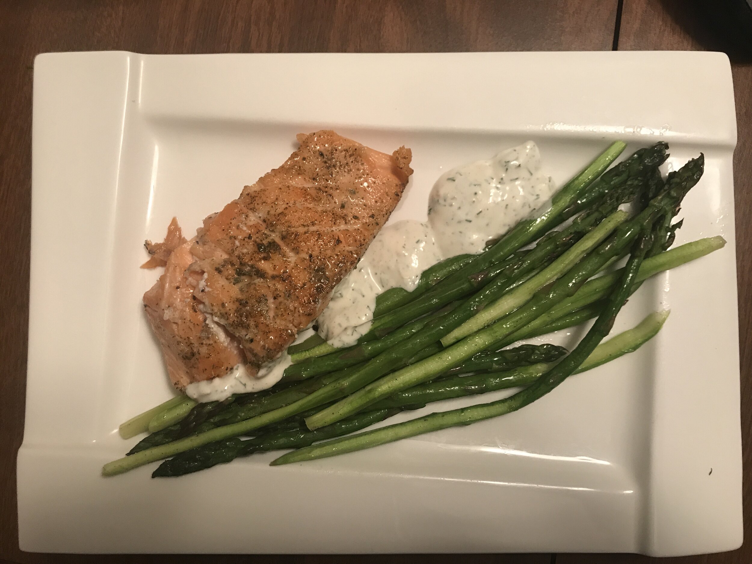 Diane's finished product--Salmon with dill sauce and roasted asparagus  sess 6.jpg