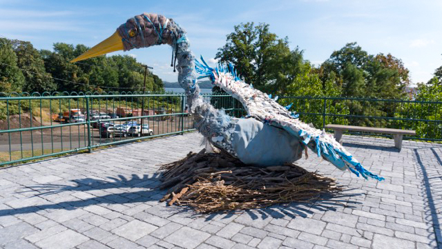 The Haverstraw RiverArts mascot "Blue Heron" sculpture by Doris Laughton-Smith and Joan Harmon greats visitors to the entrance of Emeline Park, Haverstraw, NY