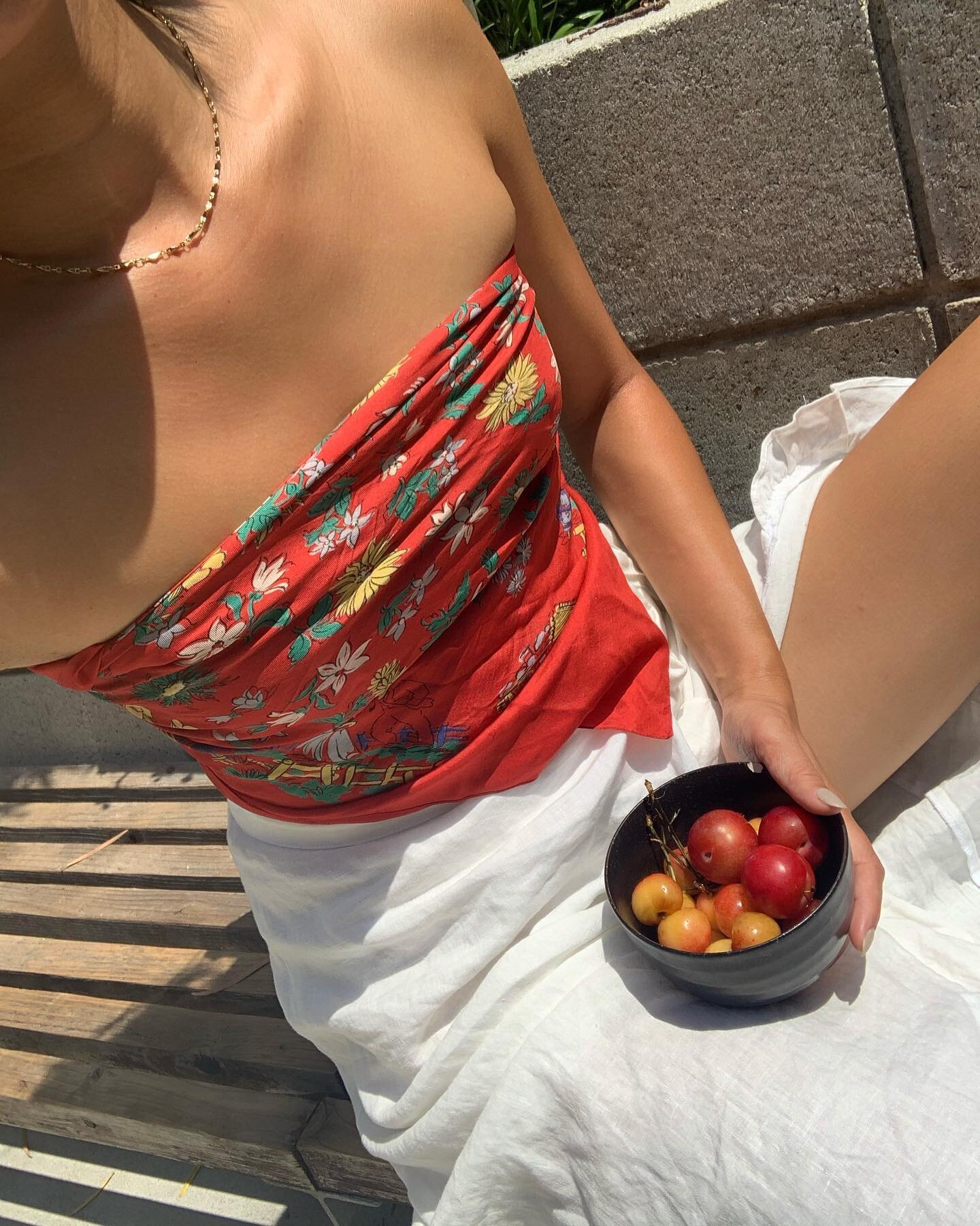 Vintage silk, thrifted linen, and Rainier cherries = pure happiness 🍒