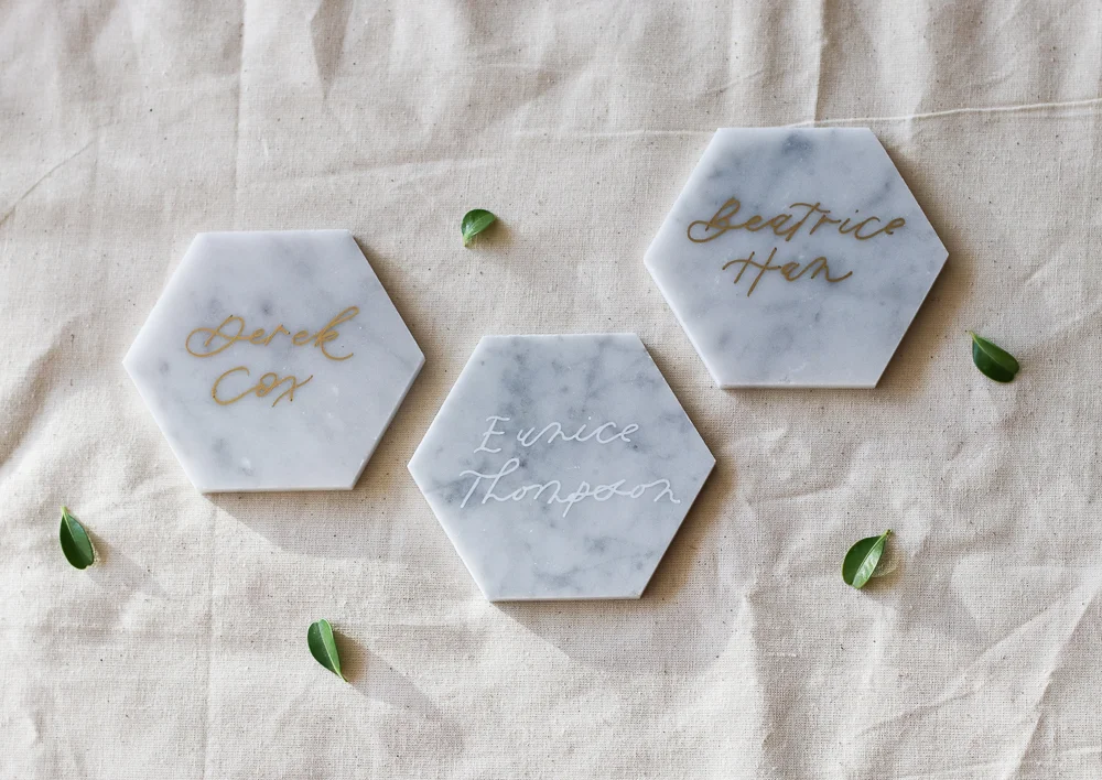 california fine art wedding calligrapher, bay area wedding calligrapher, wedding calligraphy, california wedding, fine art wedding, calligraphy escort cards, marble tile calligraphy