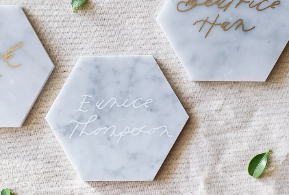 california fine art wedding calligrapher, bay area wedding calligrapher, wedding calligraphy, california wedding, fine art wedding, calligraphy escort cards, marble tile calligraphy