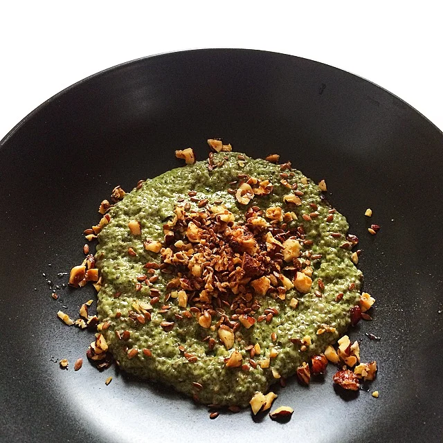 Coconut Milk Matcha Chia Porridge with Toasted Hazelnuts