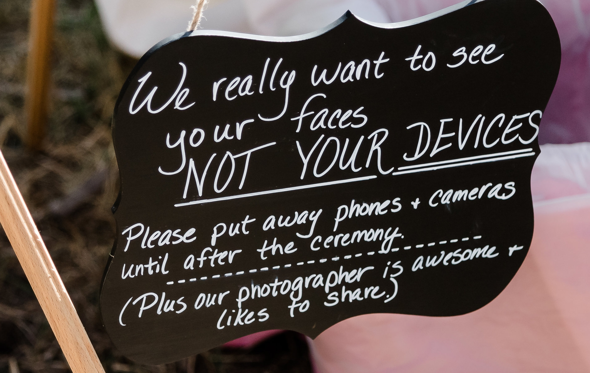 Unplugged wedding no guest cameras at ceremony sign idea 