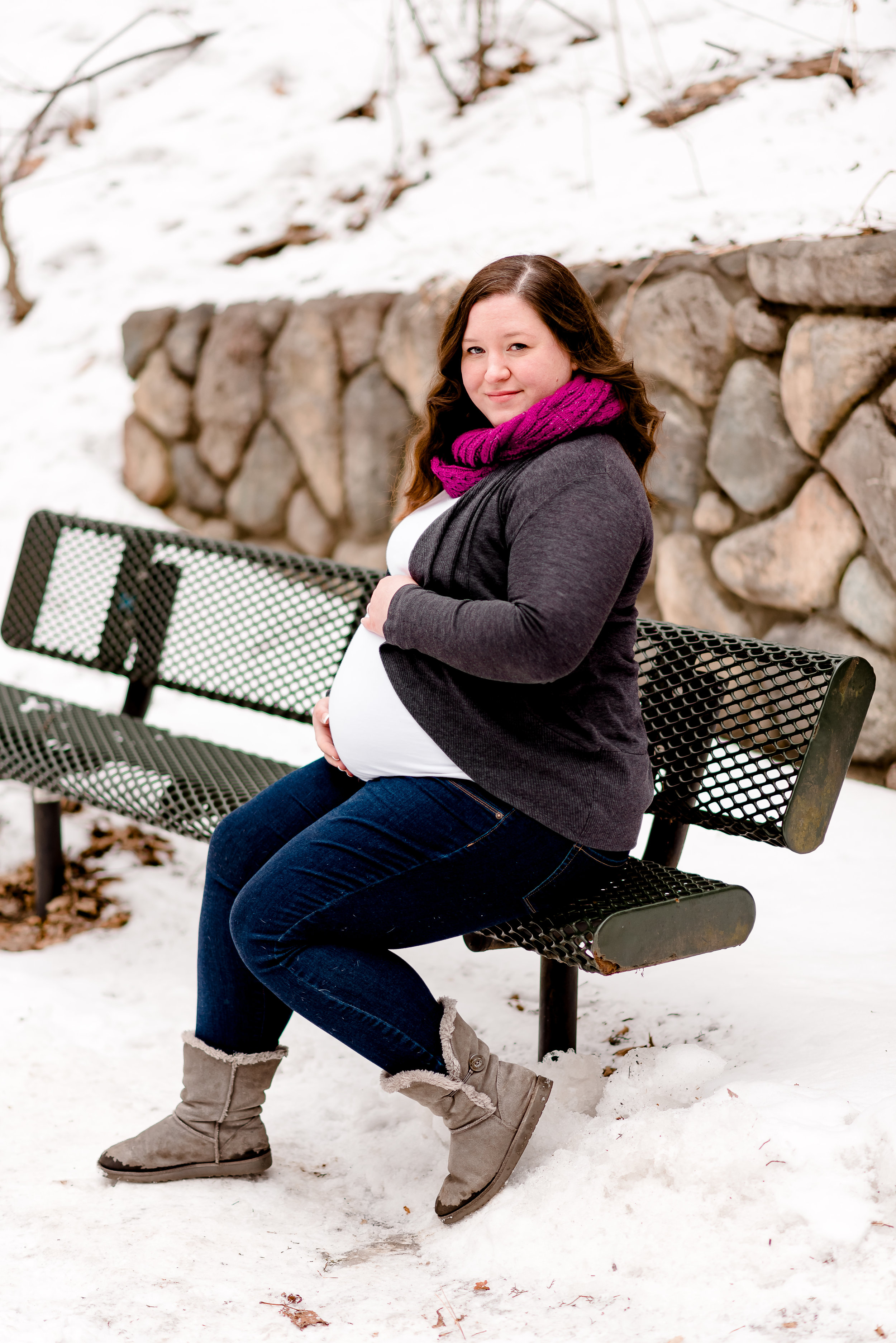 Pregnant Mama on Park Bench - Winter Maternity Photography Session in Twin Cities