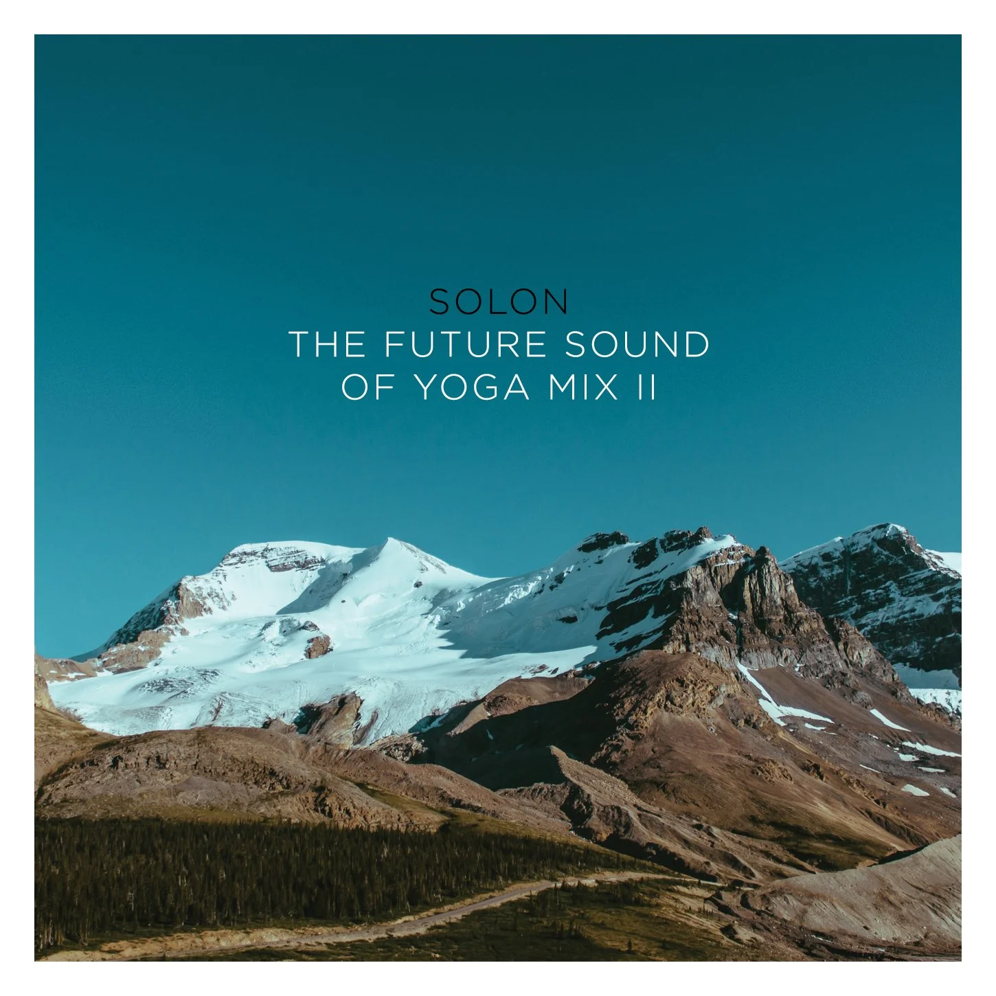 Album artwork for the Future Sound of Yoga Mix 1, featuring a snowcapped mountain witih low shadows and teal coloured sky