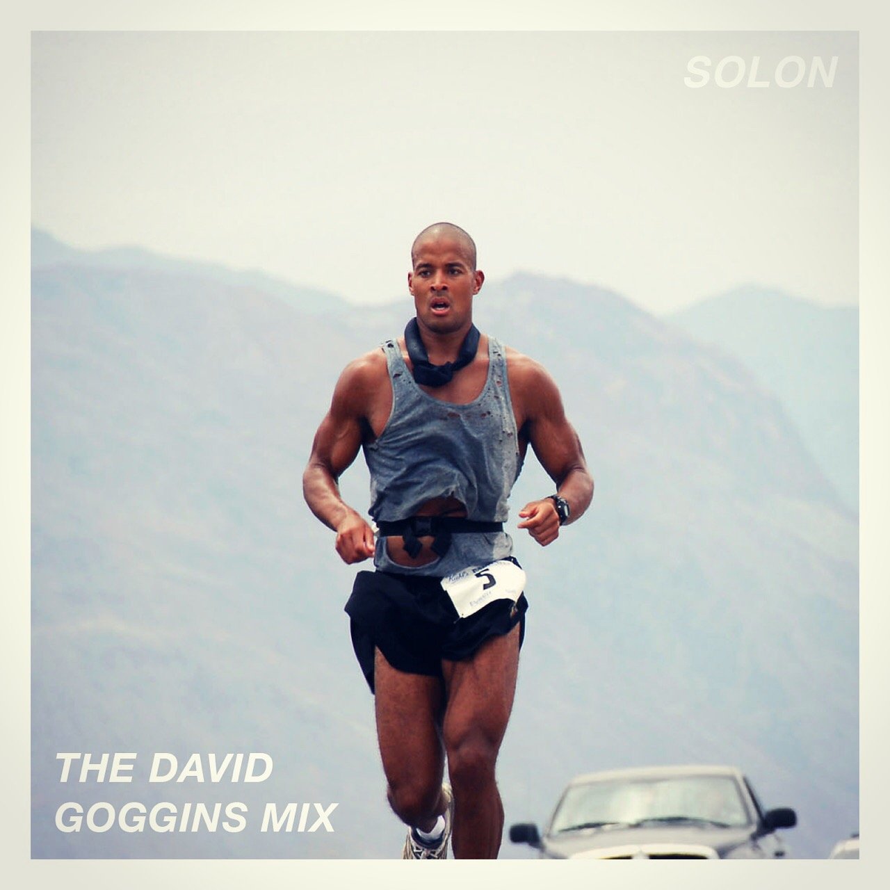 Album cover for the David Goggins Mix - a DJ mix for motivation by SOLON - featuring David Goggins running in the desert.