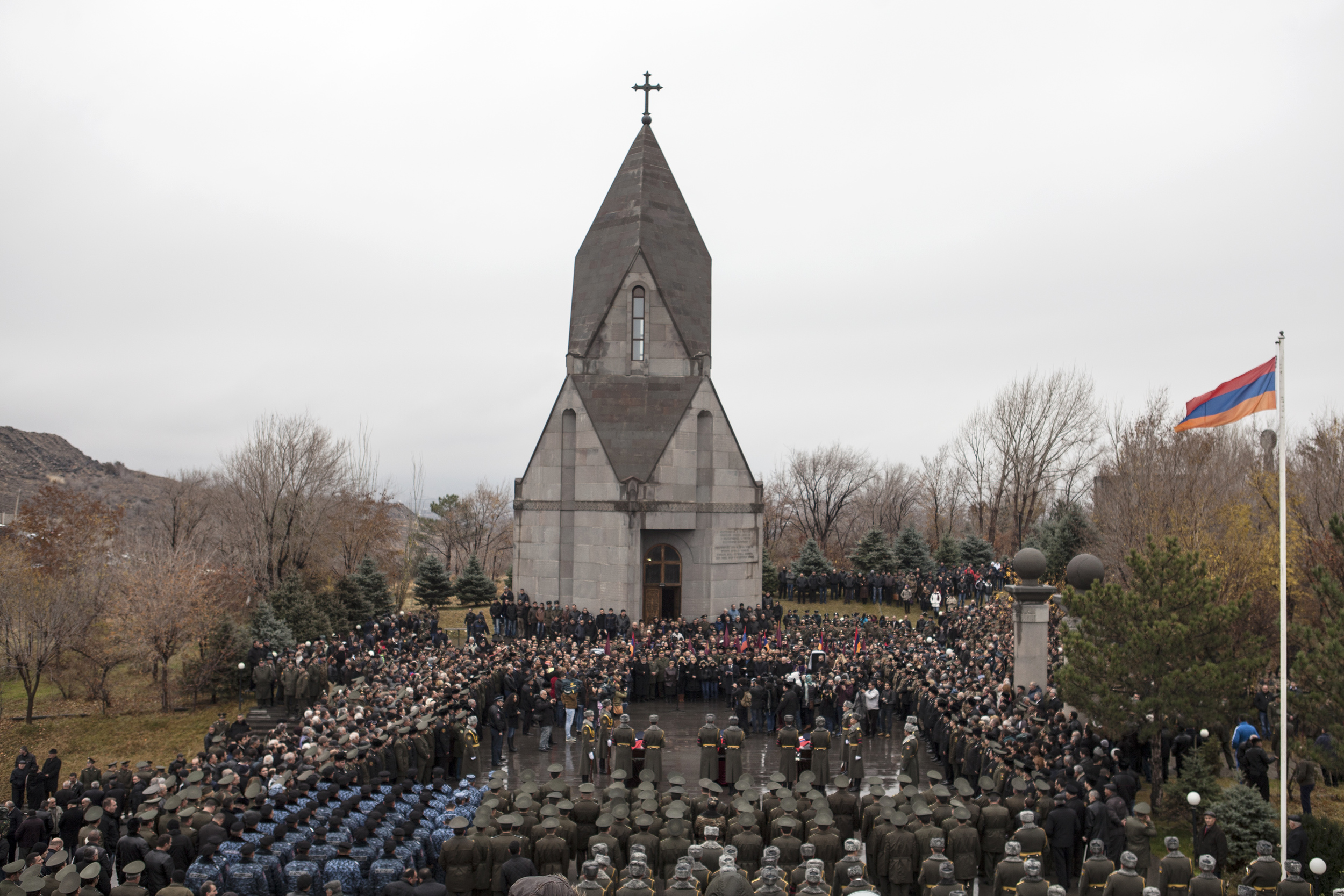   Yerevan, Armenia &nbsp;- On November 25, 2014 Armenia held funeral services for three of their soldiers killed when Azerbaijan shot down the helicopter they were flying in the disputed territory of Nagorno-Karabakh. 