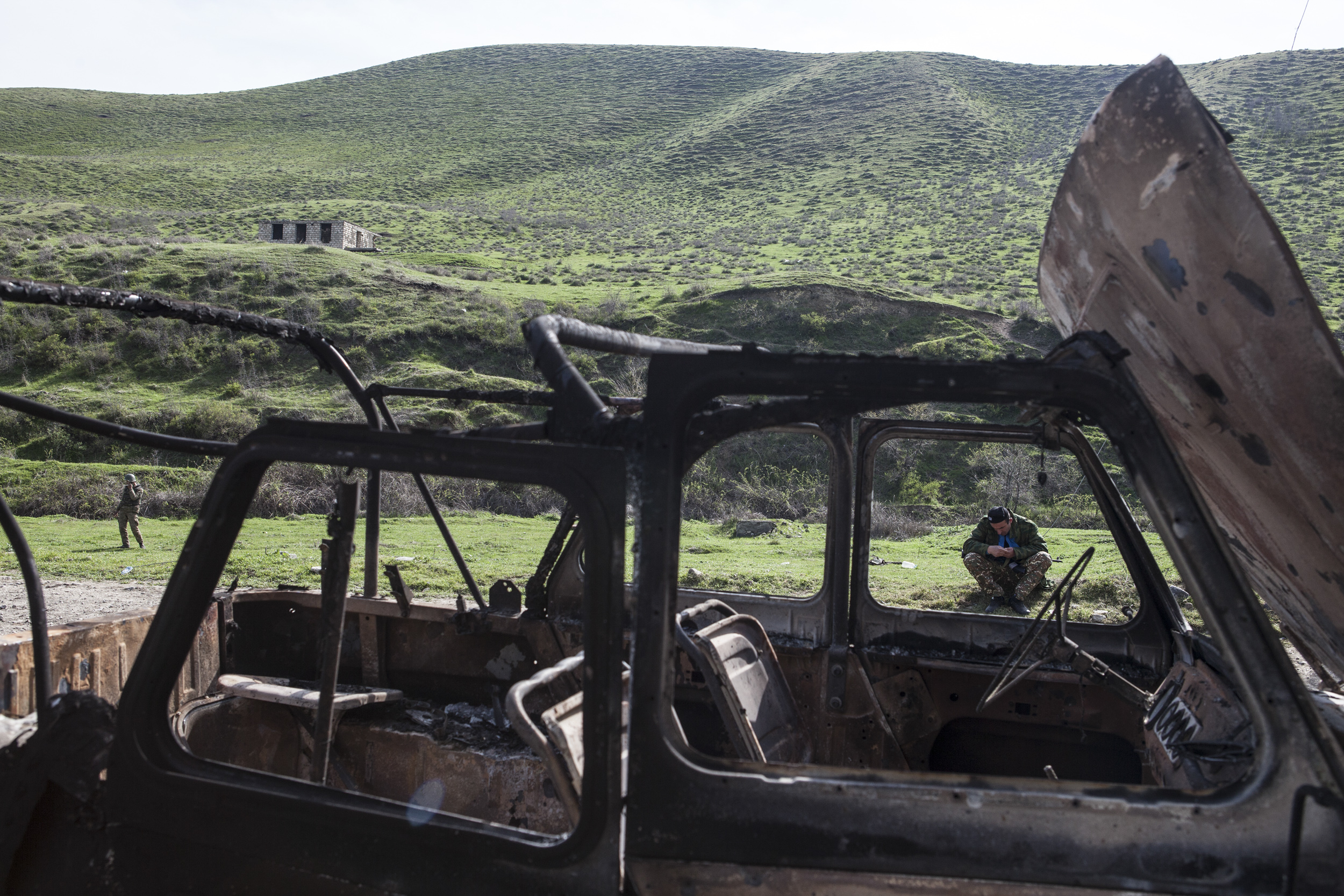  April 5 - a shelled vehicle on a road where a number of Armenian volunteer soldiers were killed the night before. 