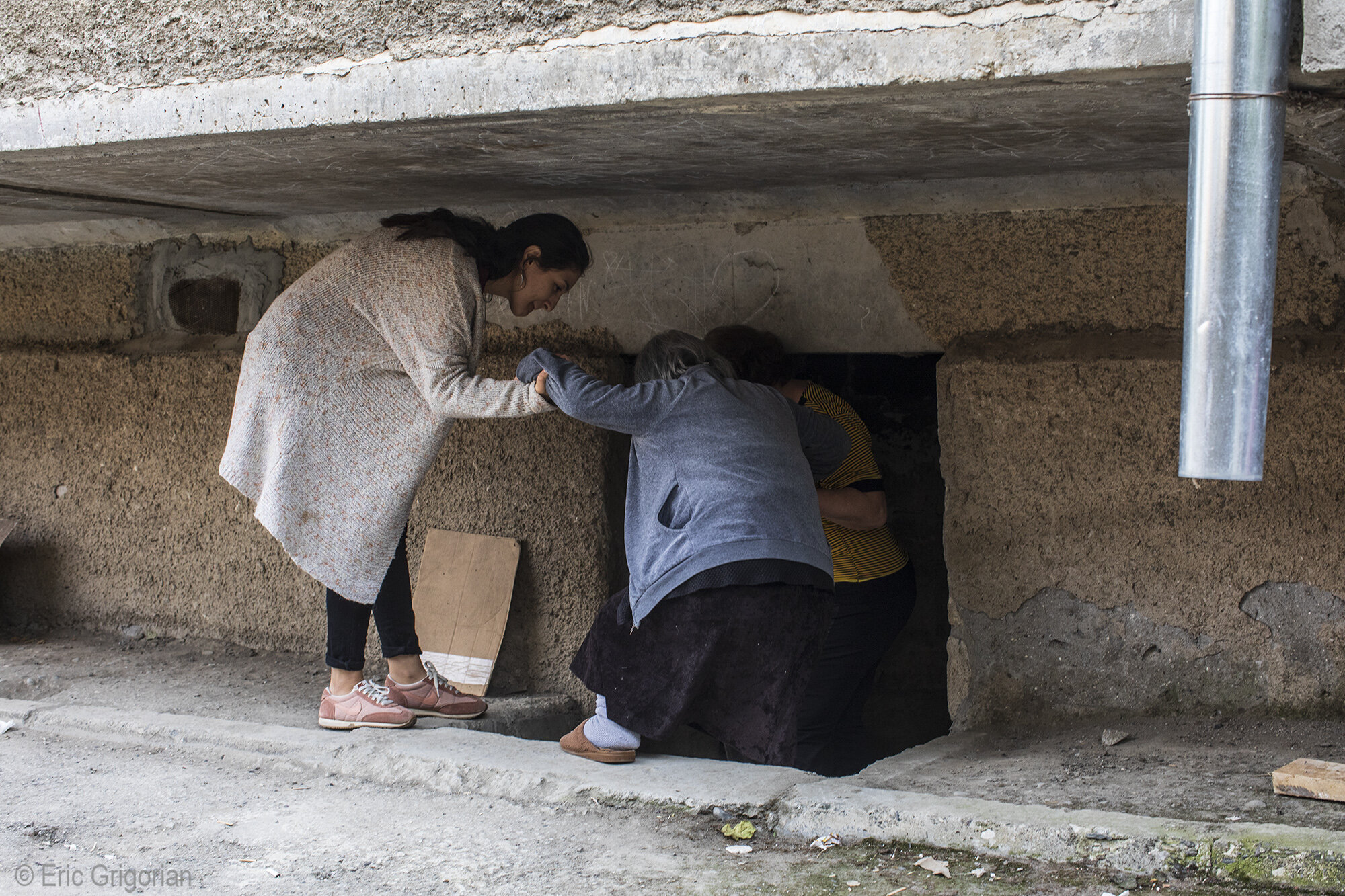  Residents of Stepanakert take shelter in the basements of their buildings on Sept. 28.  