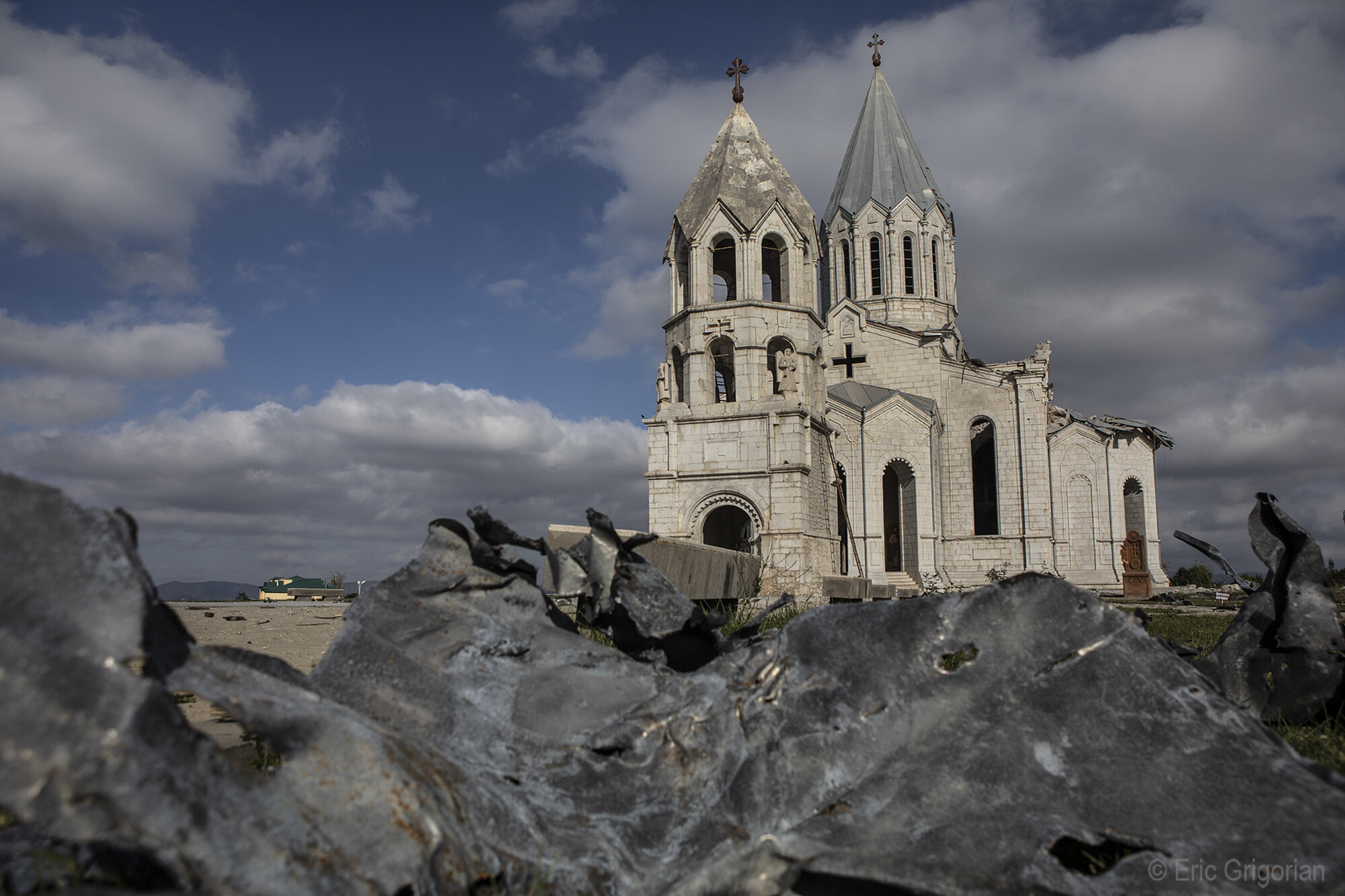  The Holy Savior Ghazanchetsots Cathedral in Shushi was targeted twice on October 8 by Azerbaijani forces, considerably damaging the historic monument and wounding several foreign journalists.  