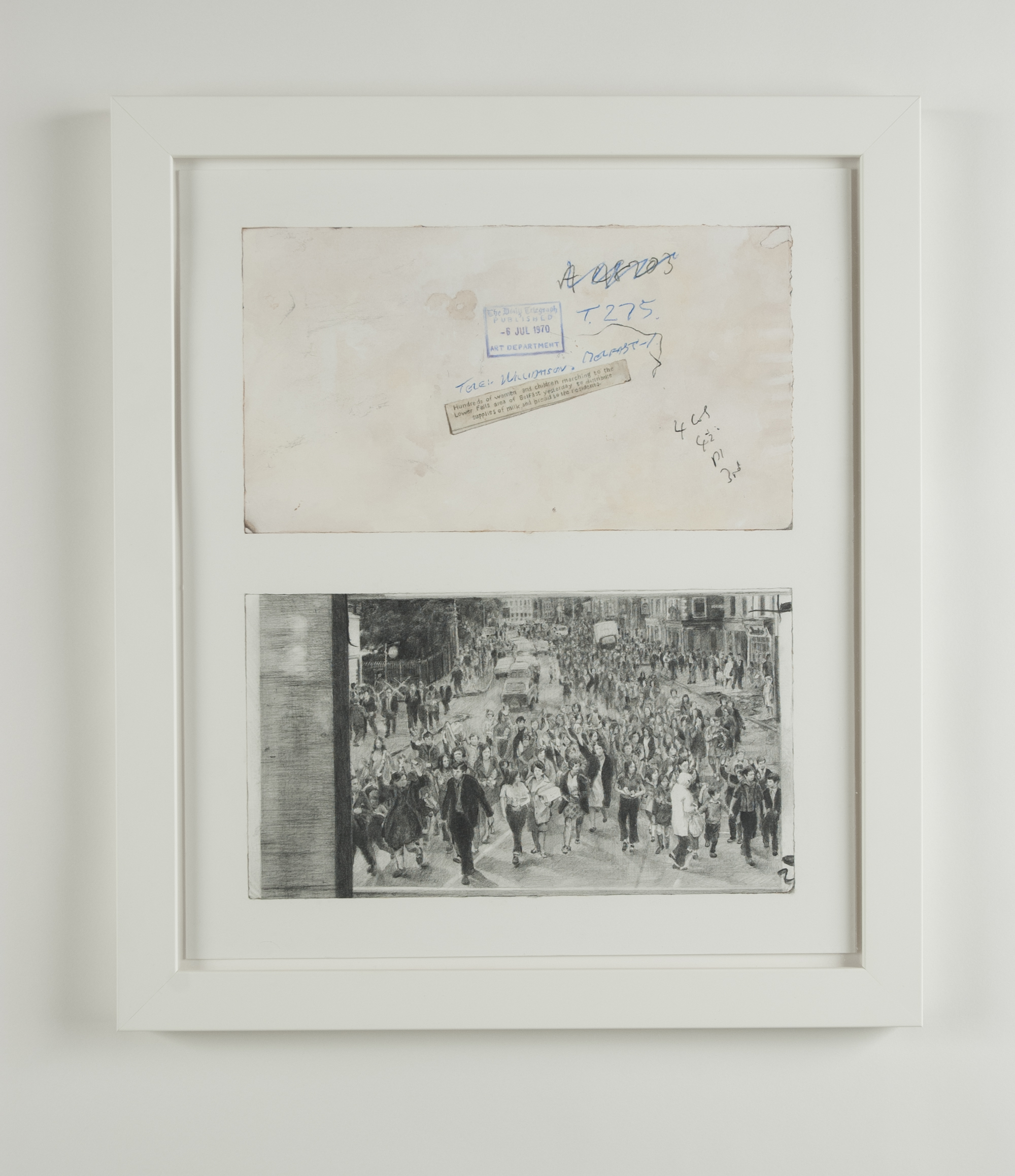   Untitled (Rumination on Borders, I),  2019 Detail 1 of 4 Graphite, Color Pencil, and Gouache on Paper  40.6 x 47 cm (16 x 18.4 inches)  Source Image: Archival photograph from The Daily Telegraph from 6 July 1970 