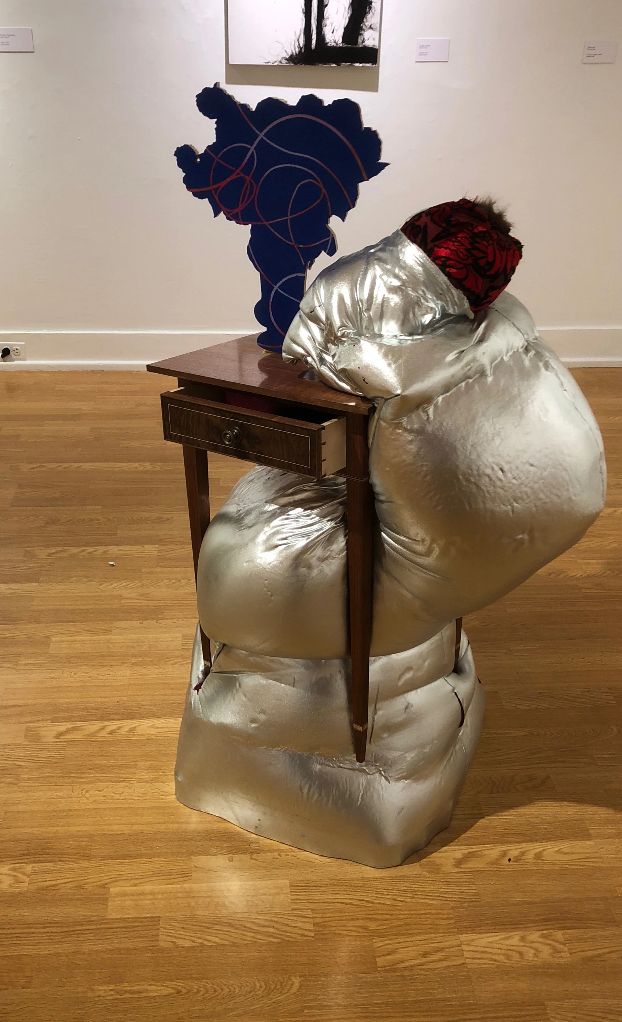 Jim Burton, “LaTour in Virginia,” Hand built federal period table, flocking, fabric, Marine Foam, books, 2018