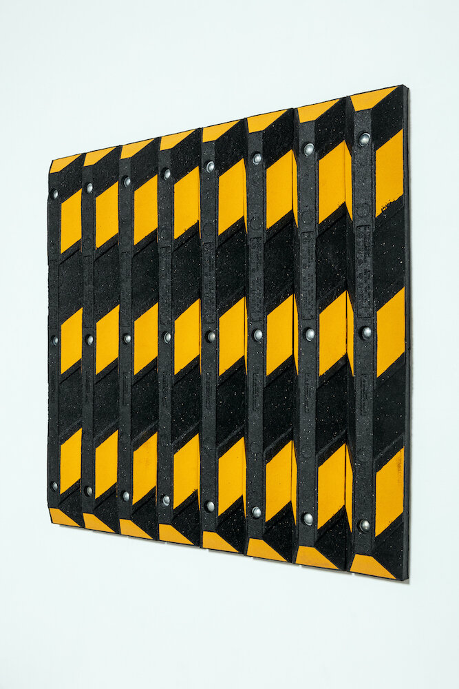 ‘Recycled Rubber Parking Blocks Composition no.3’  Recycled Rubber Parking Blocks, Galvanised Steel, 2019  4ft x 48 inches x 4 inches  NFS