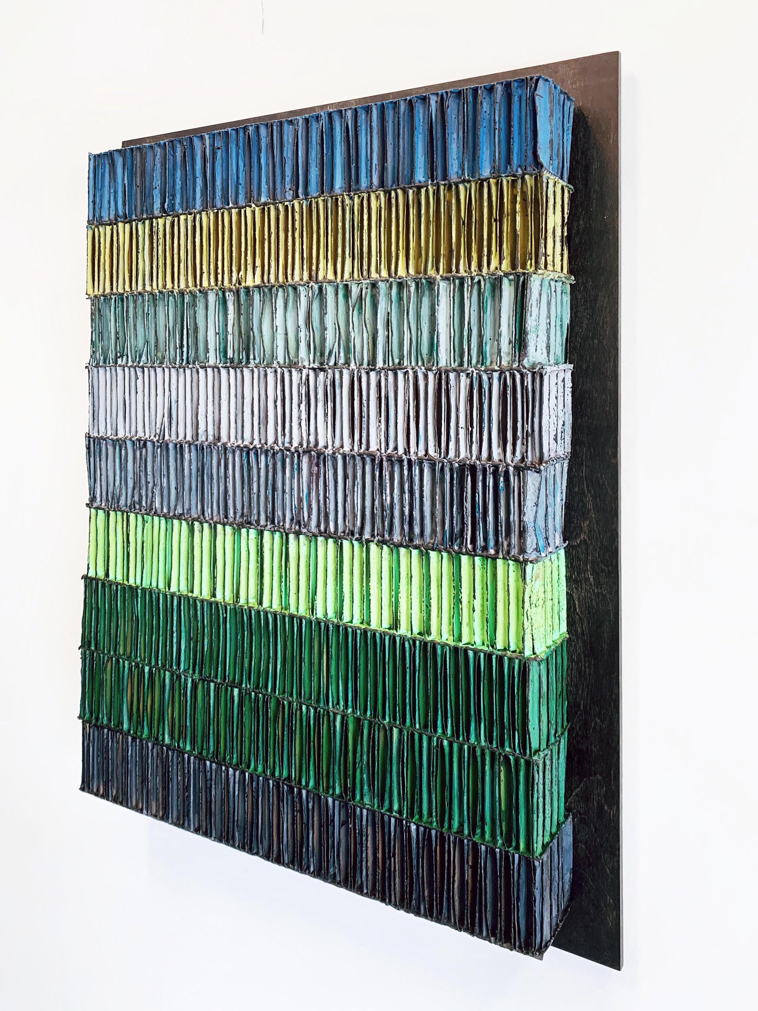 Corona Skies, Acrylic and beeswax with pigments on corrugated cardboard, mounted on stained ebony board, 31X40, $2000